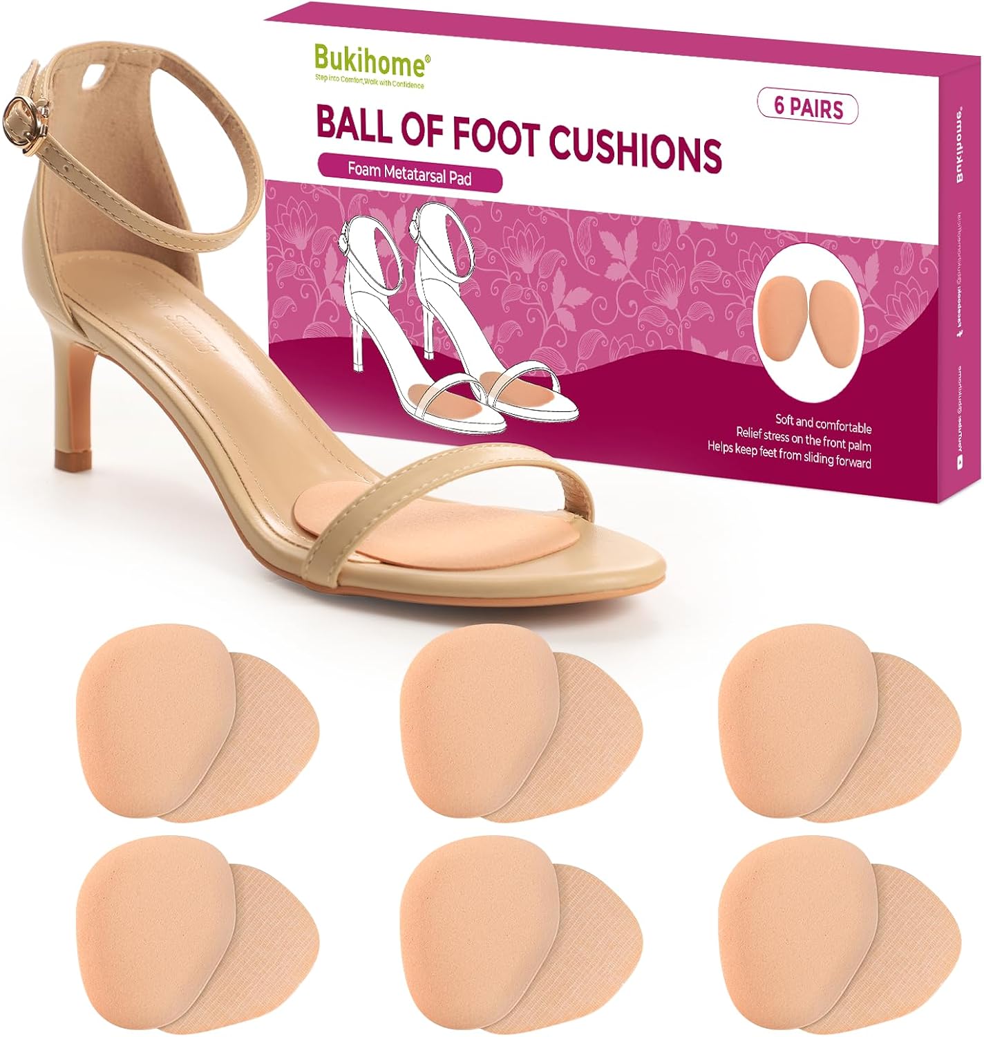 Ball of Foot Cushion Pads for Women - Bukihome 6-Pair Metatarsal Pads Prevent and Alleviate Ball-of-Foot Pain, Non-Slip Prevent Sliding Forward Forefoot Cushions for High Heels, Sandals (Khaki)