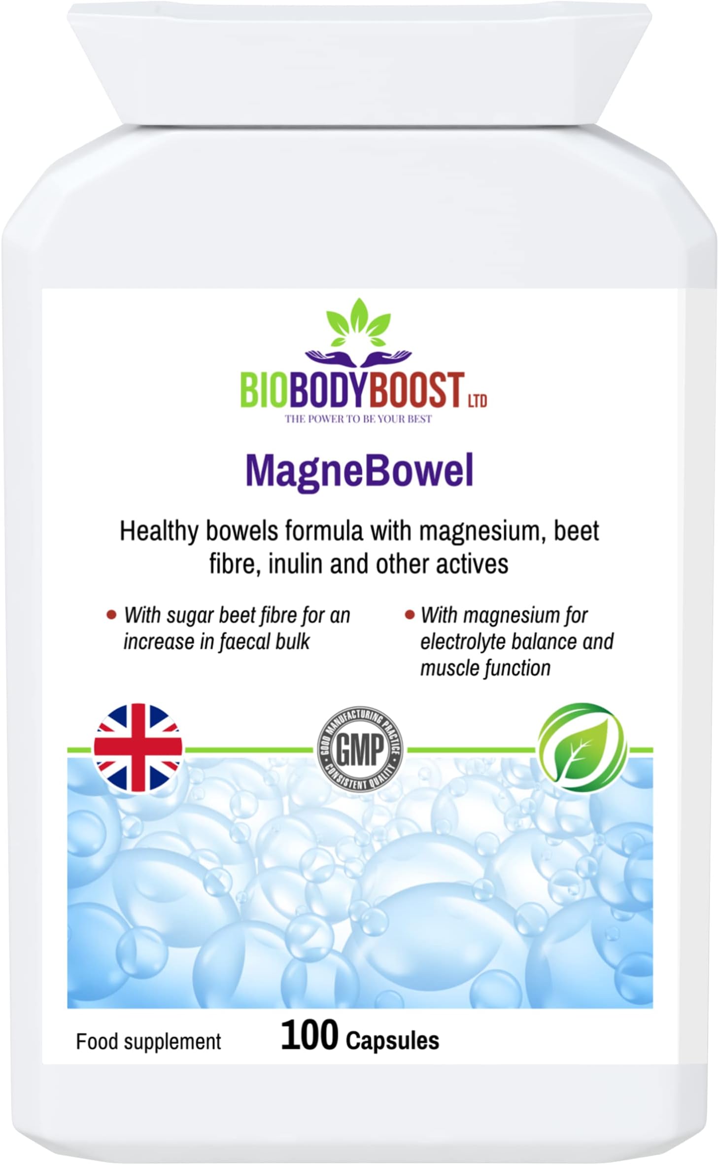 BioBodyBoost MagneBowel- Premium Magnesium-Based Bowel Formula - Supports Energy, Muscle & Immune System - Enhanced with Sugar Beet Fibre & Vitamin C - Vegan Friendly - 100 Capsules