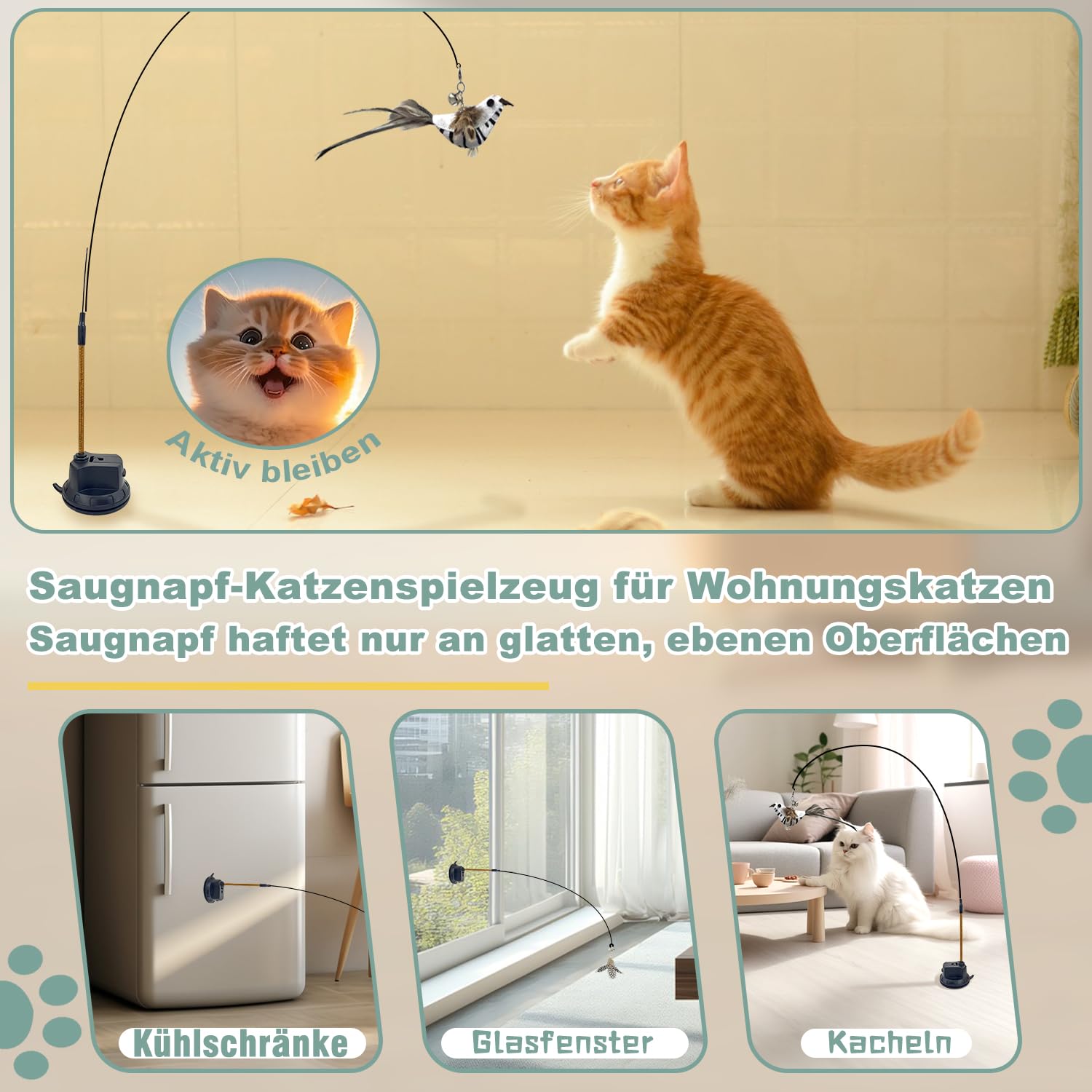 7-in-1 Interaktives Katzenspielzeug Selbstbeschäftigung Katzenangel mit waschbarem Saugnapf, Hängendes Katzenspielzeug, Katzenminze Stick und Katze Beißseil Kauspielzeug Feder