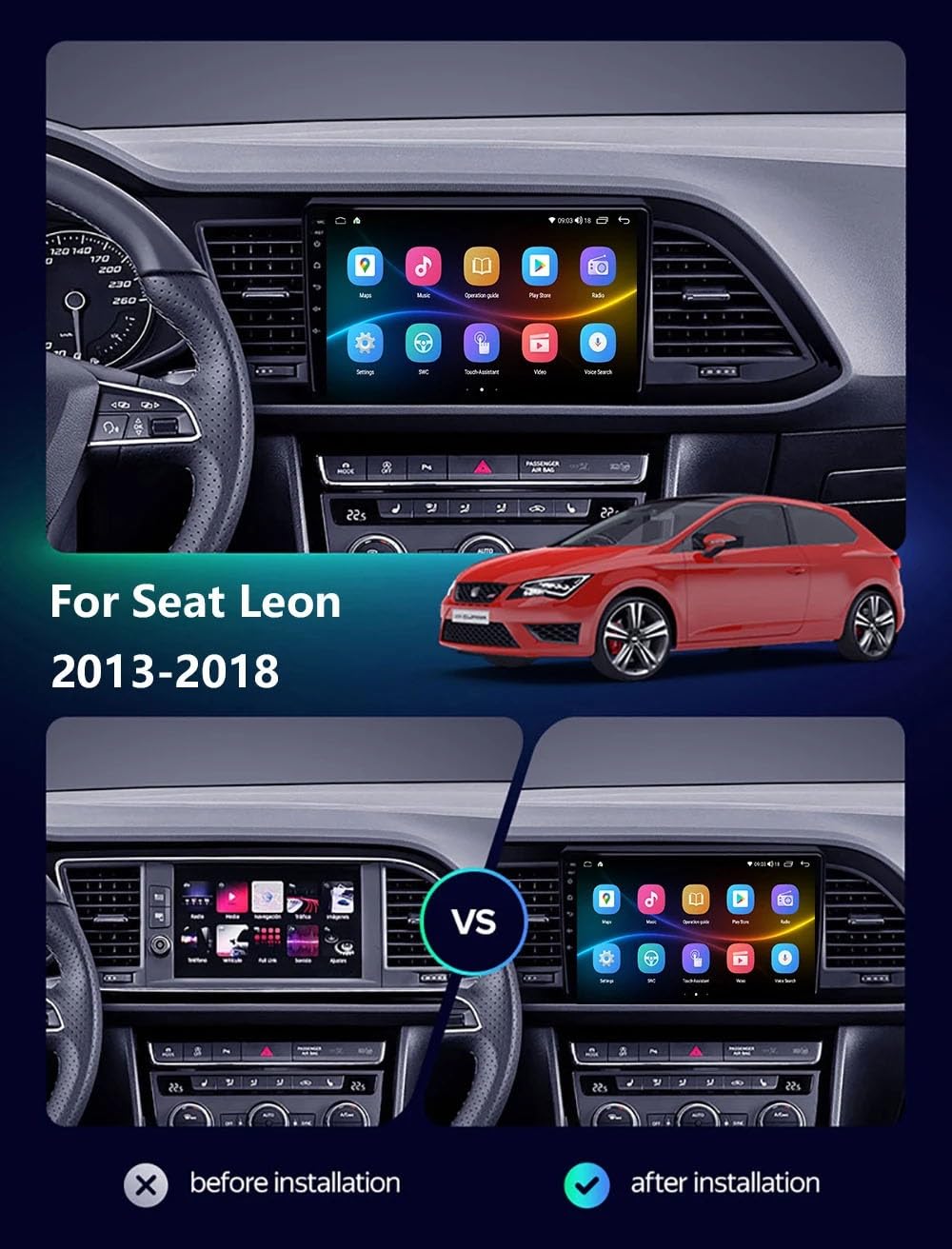 Car Stereo Carplay Radio de Coche para Seat Leon 3 MK3 2013-2018 HD Pantalla Tactil Radio Reproductor Reproductor de Internet, Bluetooth, WiFi, 4 Nuclear 1G+16G