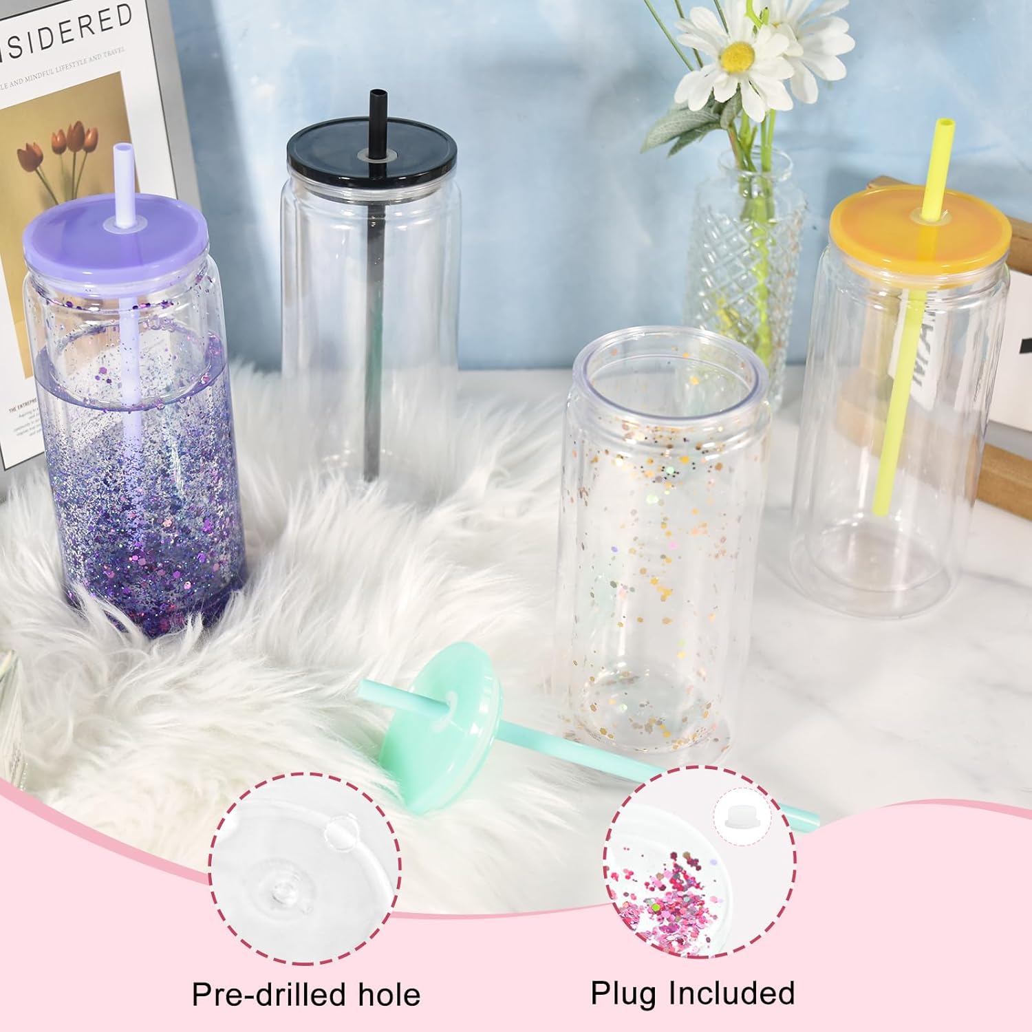 8 Pack Acrylic Snow Globe Tumbler, 20oz Snowglobe Cups with Pre Drilled Hole, Double Wall Plastic Cups Blanks with Colorful Lid and Plastic Straw, Glitter Snow Globe Cup for DIY Gift - Image 5