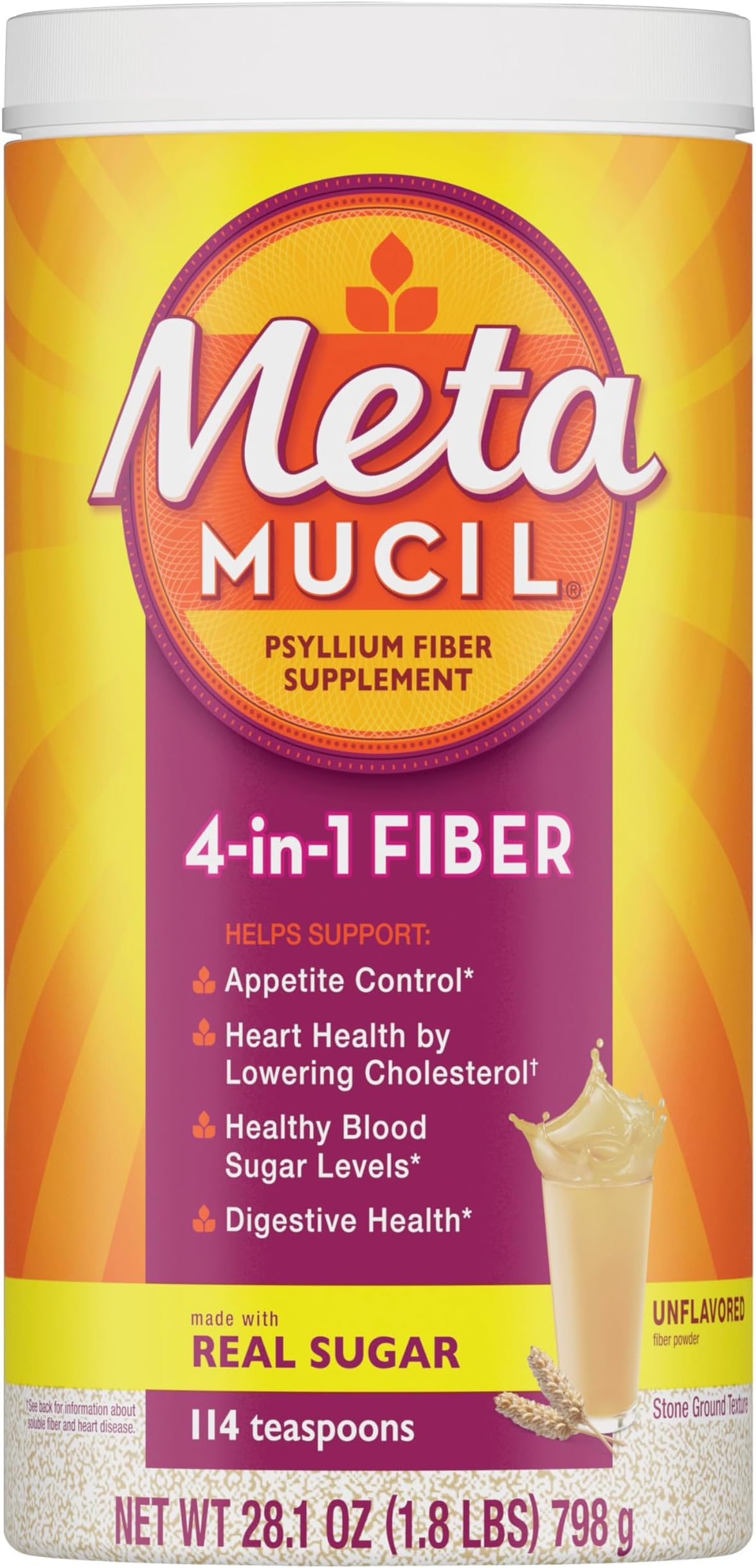 Psyllium Husk Powder, Unflavored Original Texture, with Sugar, 114 Servings, 4-in-1 Fiber Supplement, Daily Psyllium Husk Fiber Powder Help Support Digestive Health by Promoting Regularity*