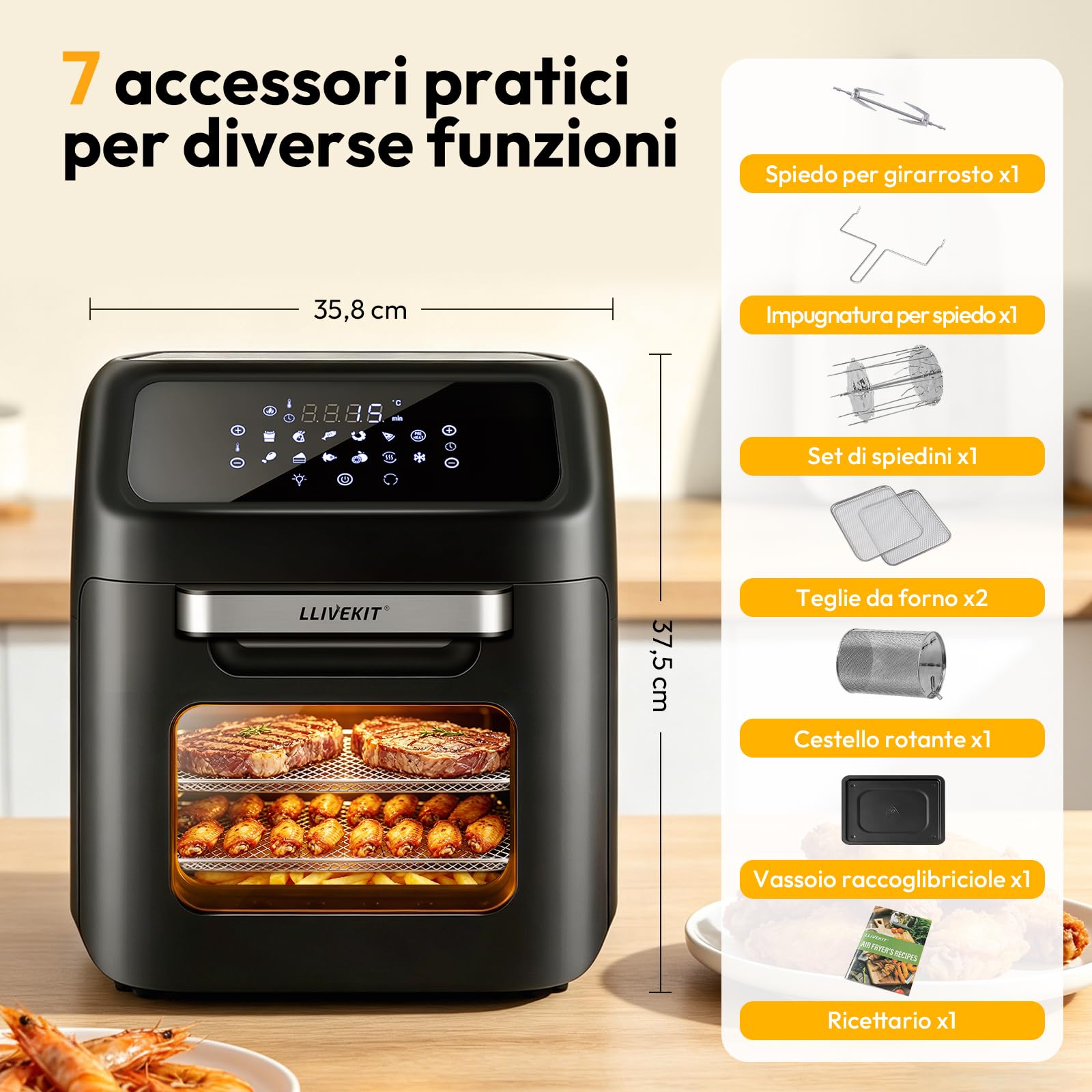 LLIVEKIT Friggitrice ad Aria 12L per Famiglia 3-6 Persone, Forno ad Aria Calda 12 in 1 con Touch Screen LED, Friggere Senza Olio da 1800W, Griglia, 7 Accessori e Ricettario, Cottura Senza Olio