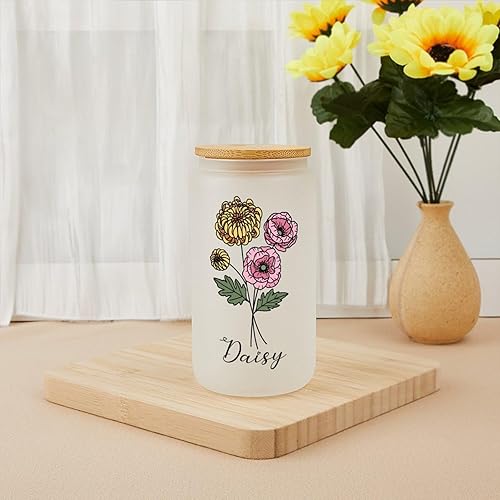 Vaso de vidrio personalizado con popote y tapa, taza de café helado esmerilado de 16 onzas, taza de café helado con nombre personalizado, regalo de