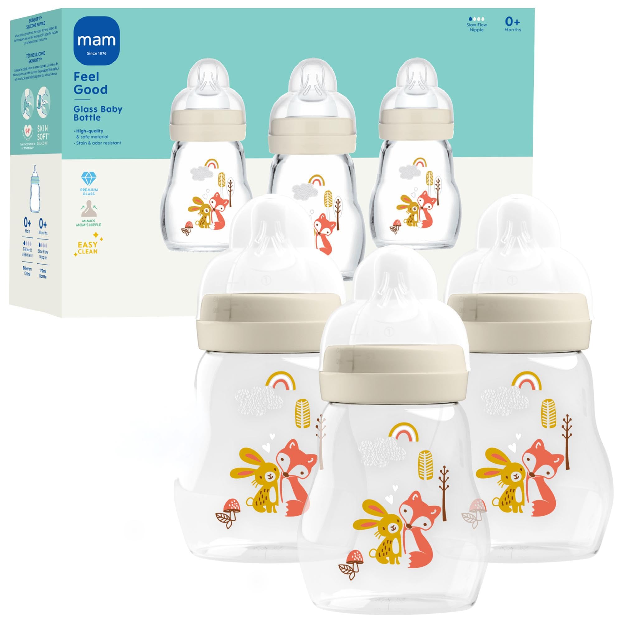 MAM Feel Good Slow Flow Premium Glass Bottle, Easy Switch Between Breast and Bottle, 5oz, 0+ Months, Unisex, 3 Pack