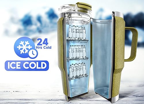 Miniatura 128 de Meoky Vaso de 32 onzas con asa, vaso aislado con tapa y popote, taza de viaje de acero inoxidable, 100% a prueba de fugas, mantiene el frío durante