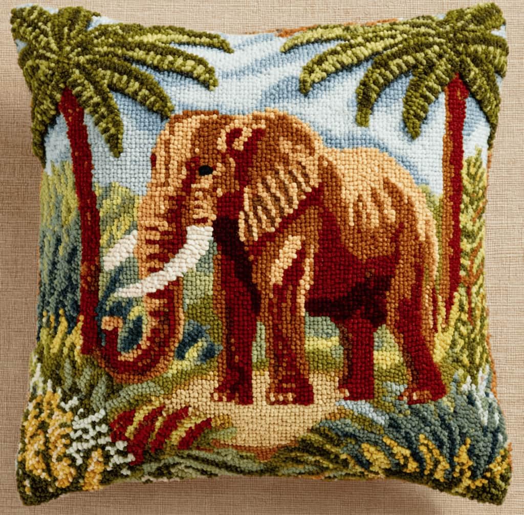 Kitquiver Latch Hook Kits for Adults Beginners-Jungle Elephant Pre-Printed Mesh Latch Hook Rug Kits Craft Cushion Set for Home Sofa Decoration 17X17 in. DIY Gift for Mom