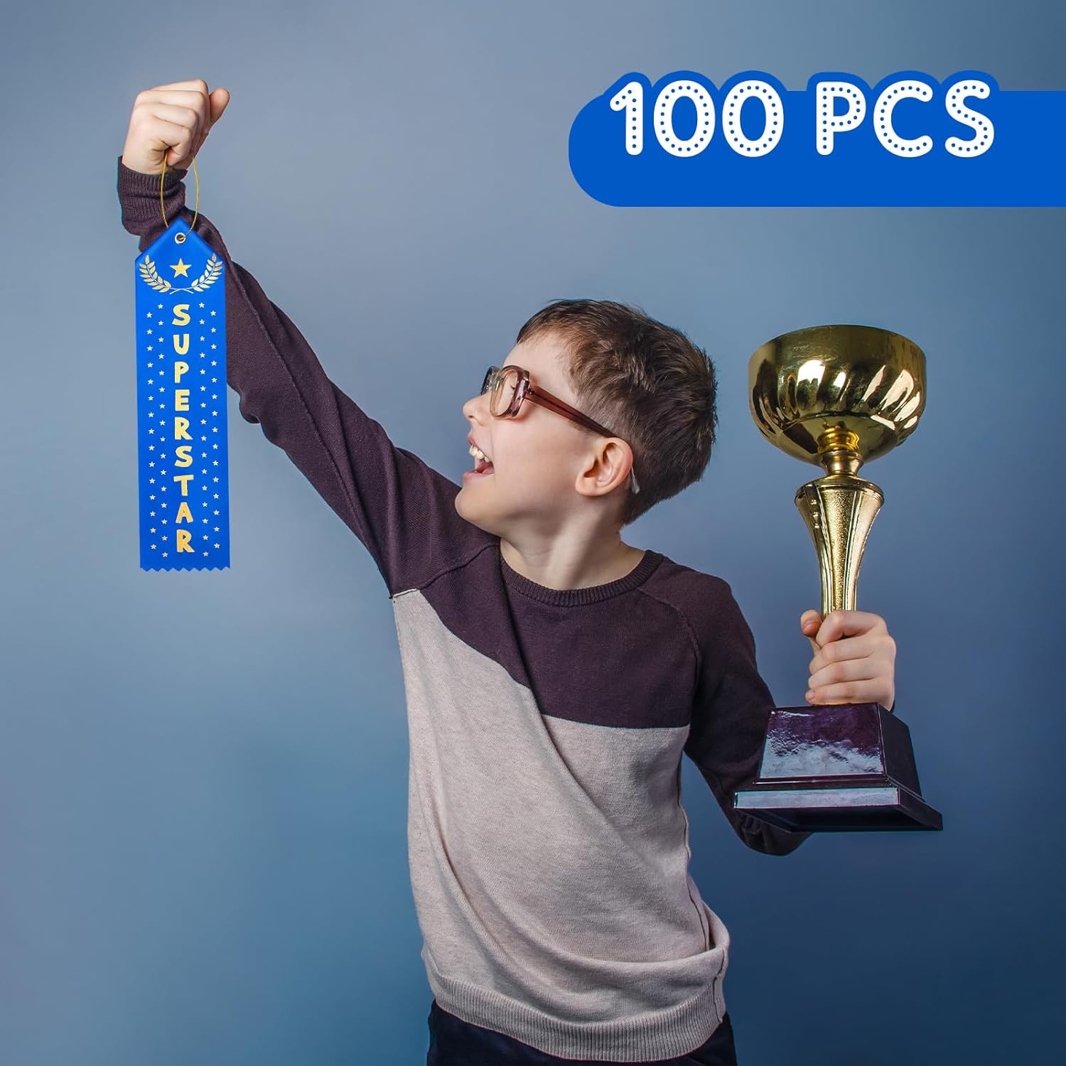 Hotop 100 Pcs Attendance Award Ribbons Participation Ribbon Blue Rope Award Bookmark Style Ribbon with Event Card for Students Kids Competition Sports Event Contests School Office Team