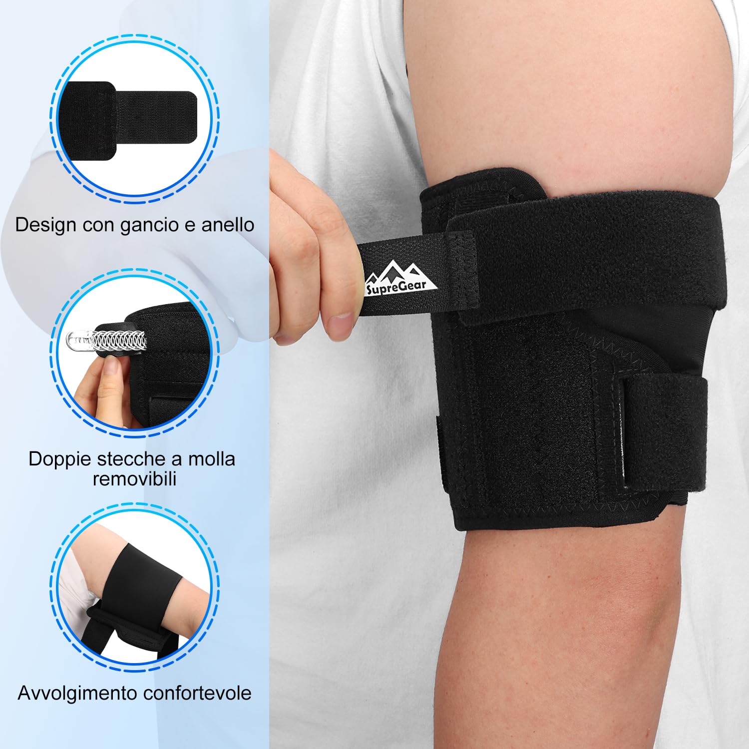 supregear Fascia di Compressione per Tendinite al Bicipite, Supporto Comodo per Tricipite e Bicipite per Distorsioni Muscolari e Infiammazione (Nero, M)