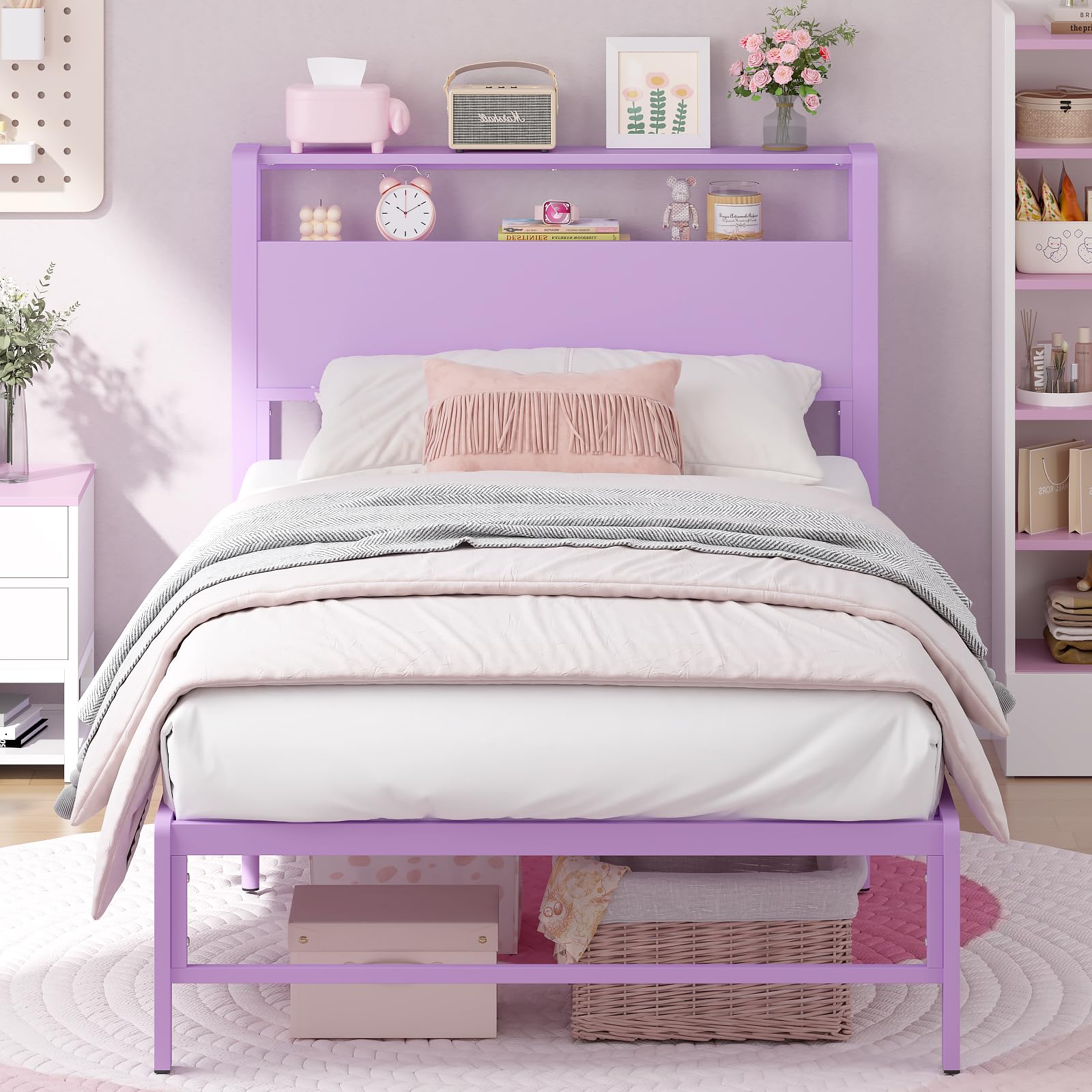 Weehom Twin Bed Frames for Kids with 2 Tiers Wood Shelves Headboard