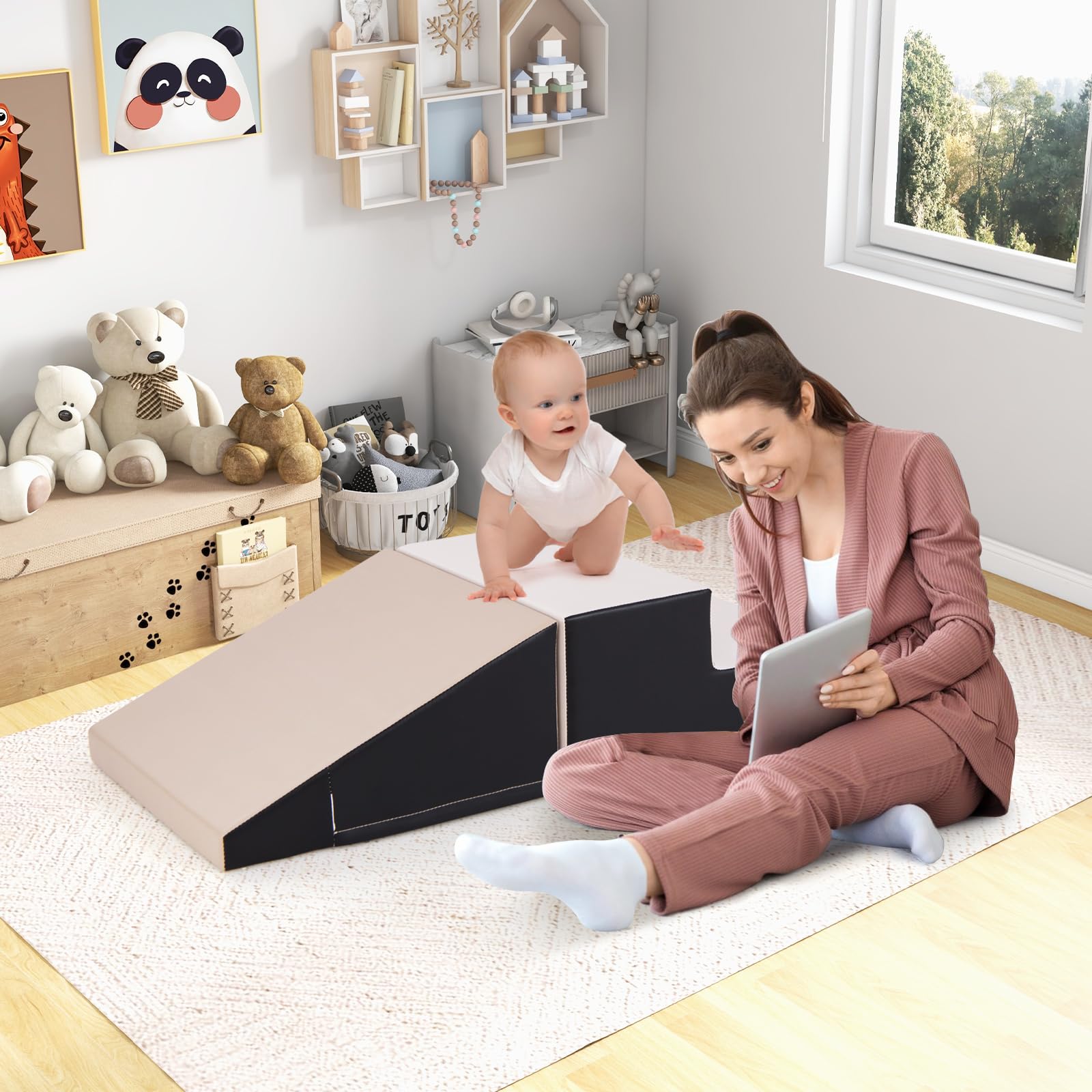COSTWAY 2 TLG. Schaumstoff Bausteine Kinder, Softbausteine zum Toben und Klettern, Riesenbausteine aus Schaumstoff, Großbausteine Bauklötze für Baby & Kleinkinder (Grau)