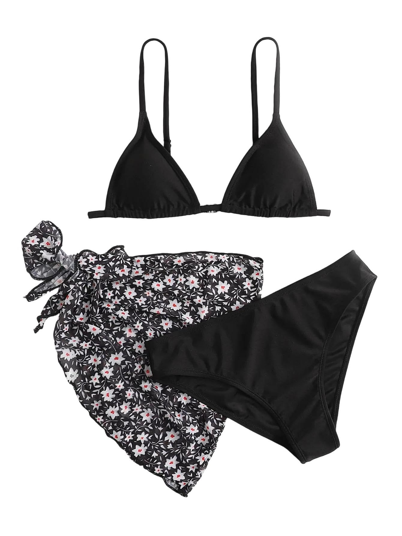 SHENHE Girl's 3 Piece Swimsuit Cute Spaghetti Strap Triangle Bikini with Ditsy Floral Print Cover Up Kid Bathing Suit Black 170