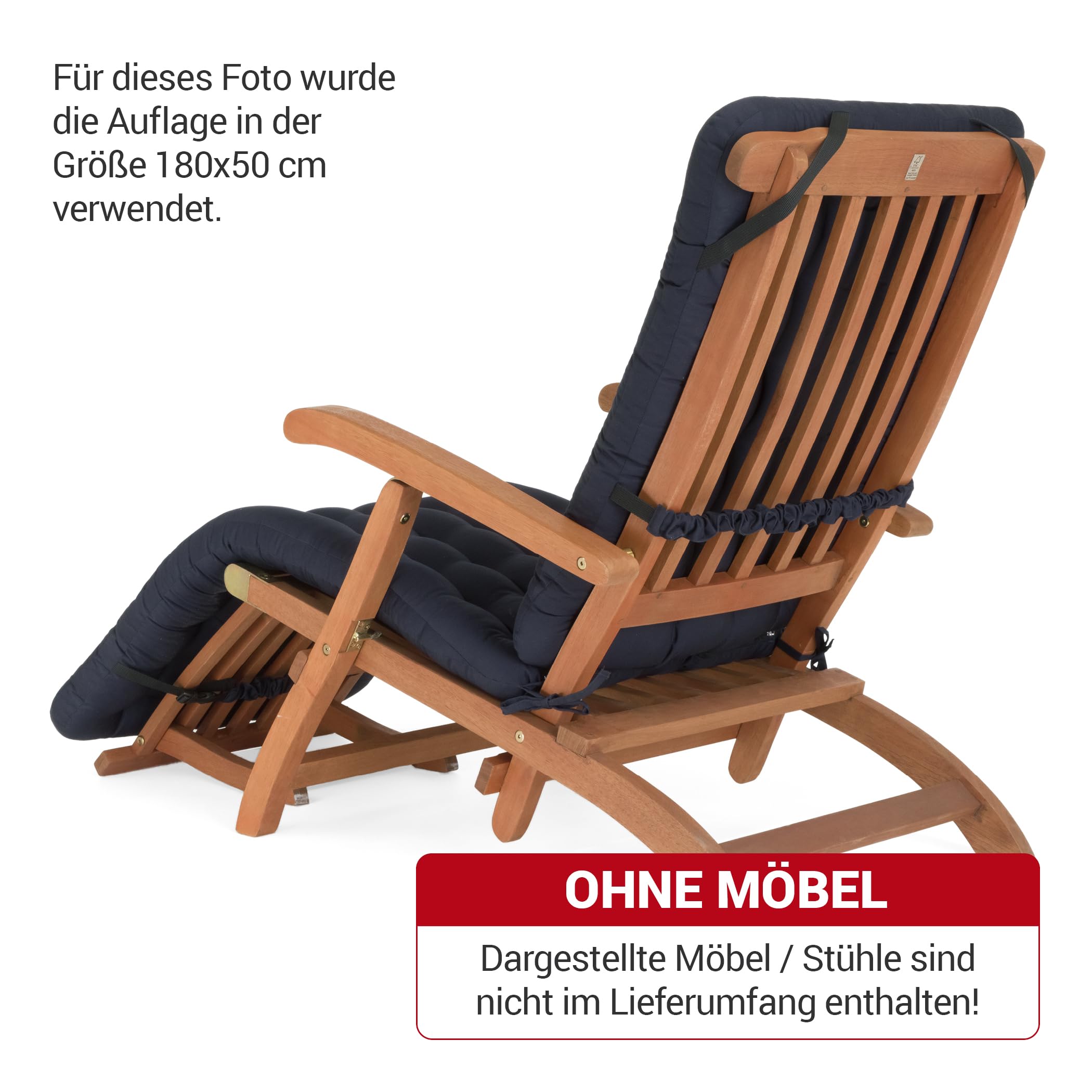 Auflage für Deckchair 180x50 cm - Bequeme Liegestuhl Auflage, 8 cm Dick - Waschbar bis 95°C, Orthopädisch, Wetterfest - Made in Germany (180x50 cm, Marine Blau)