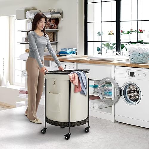 Miniatura 9 de Greenstell Cesta de lavandería con tapa, cesta grande de 33.5 galones con ruedas, carrito de lavandería redondo con marco de acero y bolsa
