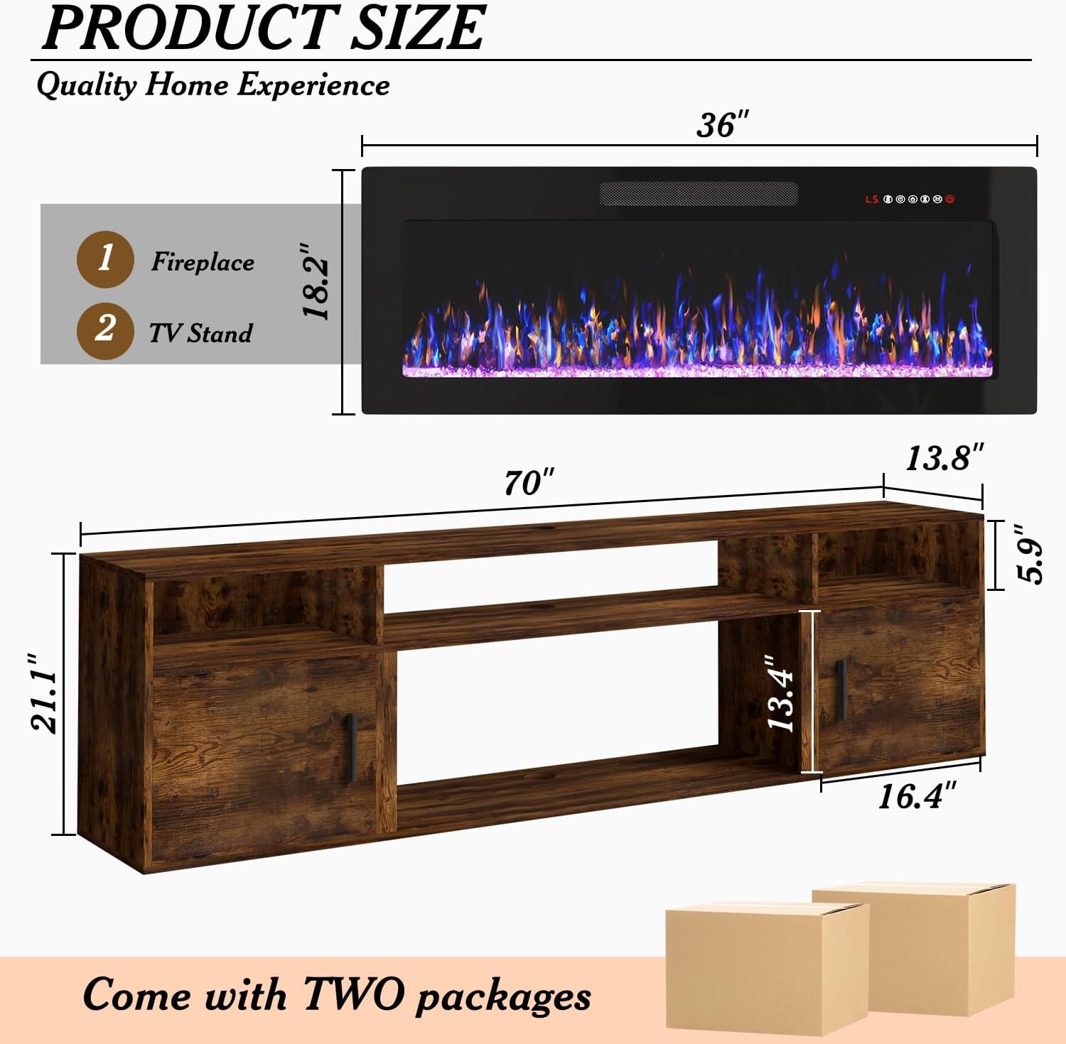TAVATA 70" Floating Fireplace TV Stand with 36" Fireplace - Wall Mounted Entertainment Center with LED Lights & Storage Cabinet, Modern Media Console for Living Room, Supports TVs up to 80" (Brown)