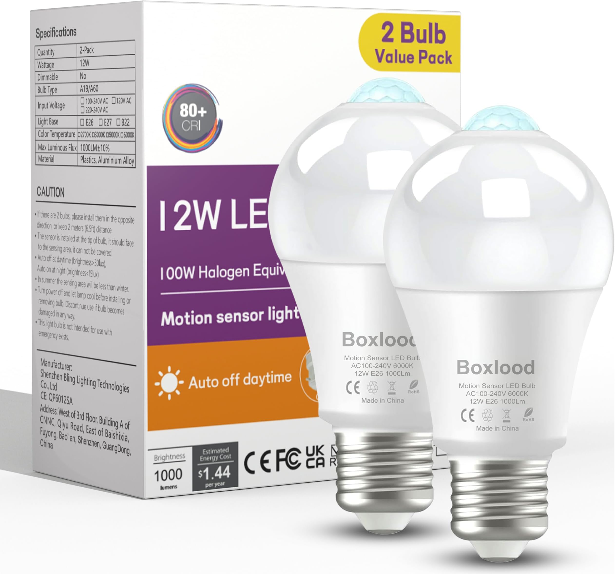 Boxlood LED Motion Sensor Light Bulbs Outdoor Indoor, 12W(100W Equivalent) A19 E26 Motion Activated Dusk to Dawn Ampoule Exterieur, 6000K Cool White for Porch Garage Basement Hallway Stairs, 2 Pack