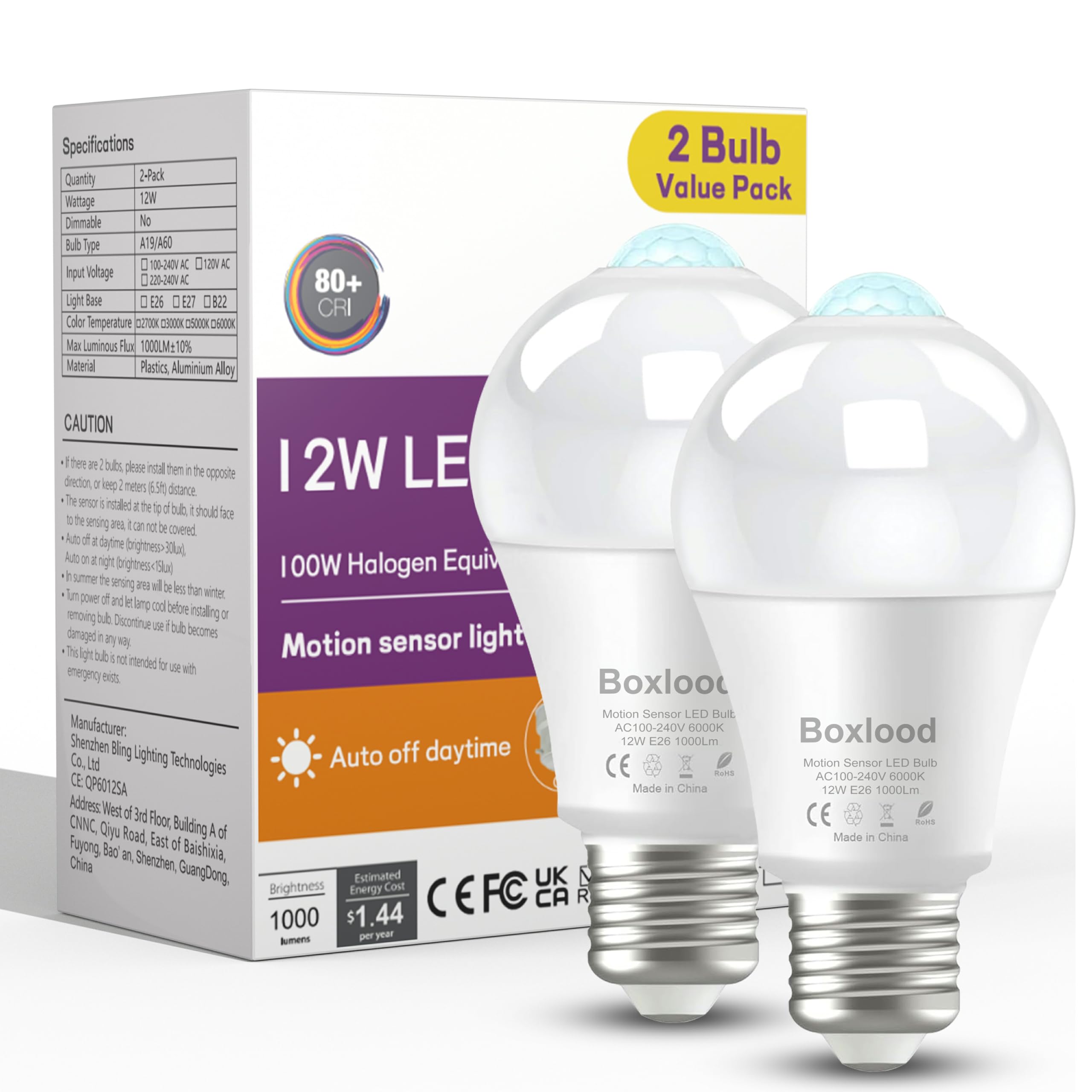 Boxlood LED Motion Sensor Light Bulbs Outdoor Indoor, 12W(100W Equivalent) A19 E26 Motion Activated Dusk to Dawn Ampoule Exterieur, 6000K Cool White for Porch Garage Basement Hallway Stairs, 2 Pack