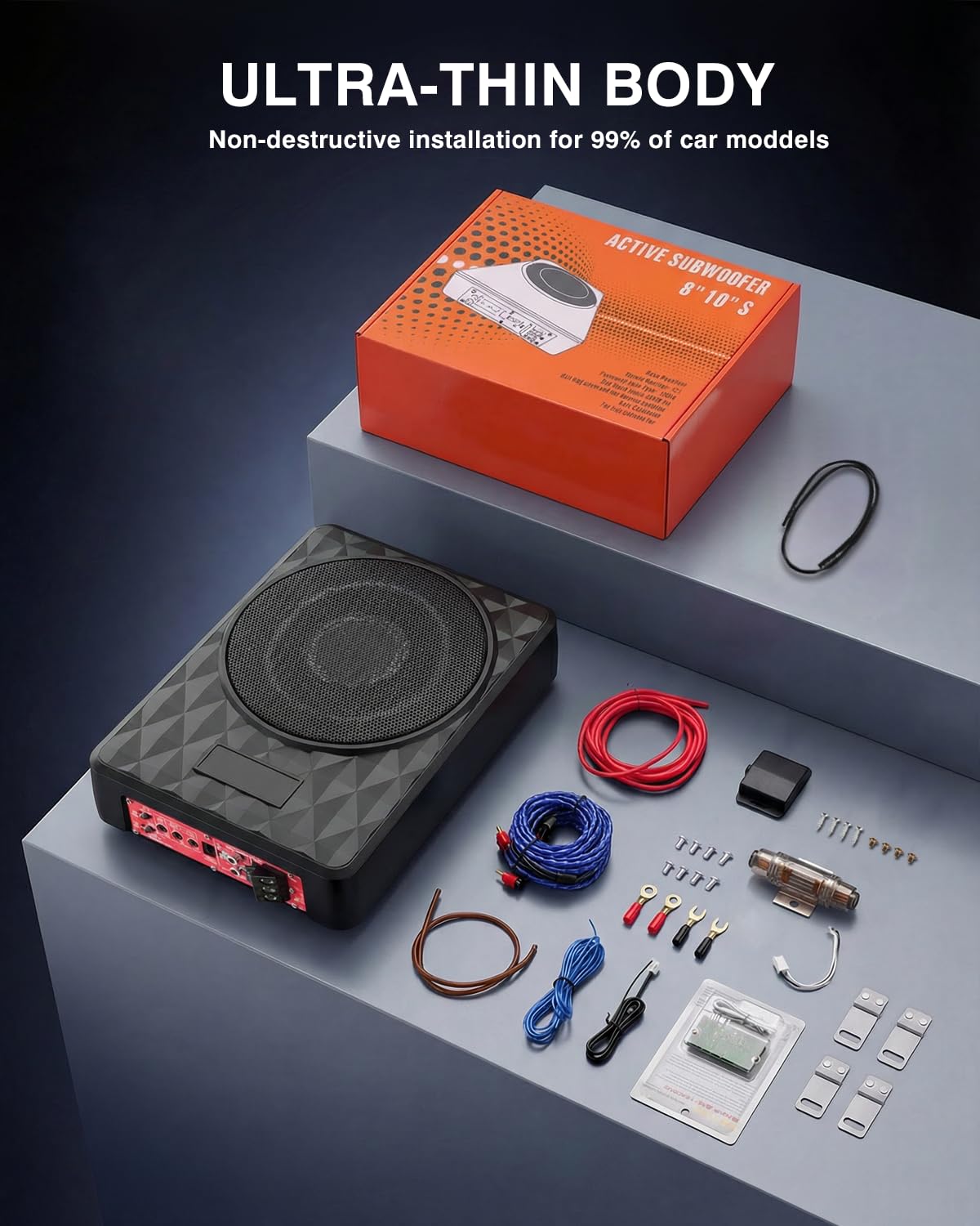 Subwoofer Activo, Apto para Coches y Camiones, Subwoofer Ultraplano para Coche, con Amplificador Integrado, Montable Debajo de los Asientos, Potencia Máxima de 1000 W, Subwoofer Compacto