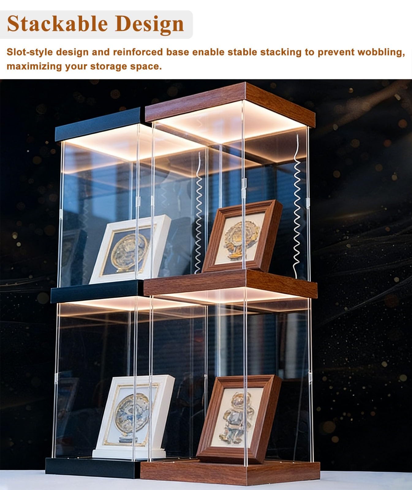 Vitrina Expositora Vitrina de Acrílico para Maquetas de Barcos | Caja Expositora Transparente Antipolvo, Vitrina de Acrílico con Base de Madera e Iluminación LED