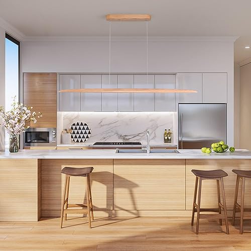 Miniatura 2 de Lámpara colgante lineal LED de madera de 59 pulgadas y 40 W, lámpara colgante regulable para comedor, cocina, isla, piscina, mesa, luces de ceniza