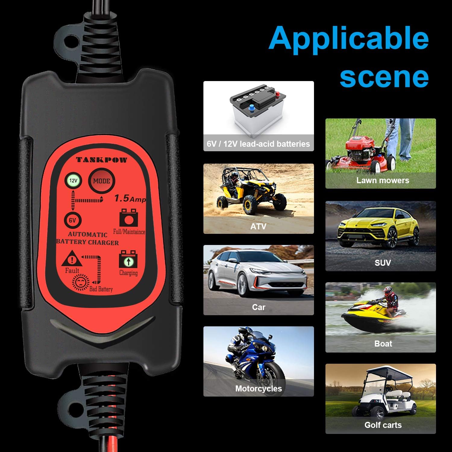 ULTRAPOWER 6V/12V Battery Charger and Maintainer,1.5A Automatic Intelligent Charger,Trickle Charger,Floating Charger,Suitable for Cars,Motorcycles,Tractors,ATV,AGM,Gel Battery Lead-Acid Battery