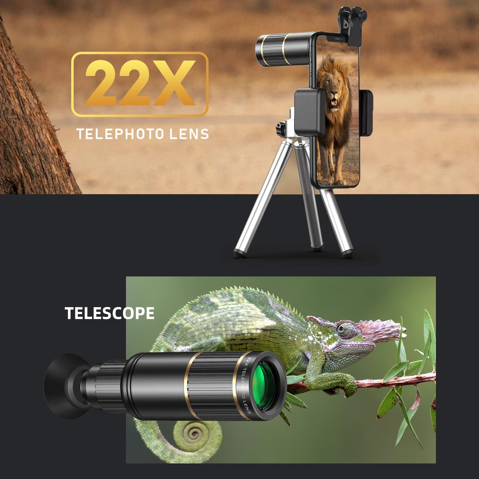 Andoer Kit di lenti per telefono 4 in 1: teleobiettivo 22X, fisheye 205°, grandangolo 4K 0,67x, lenti macro 25x, vetro ottico/plastica con fusto e clip in metallo/plastica, supporto per telefono