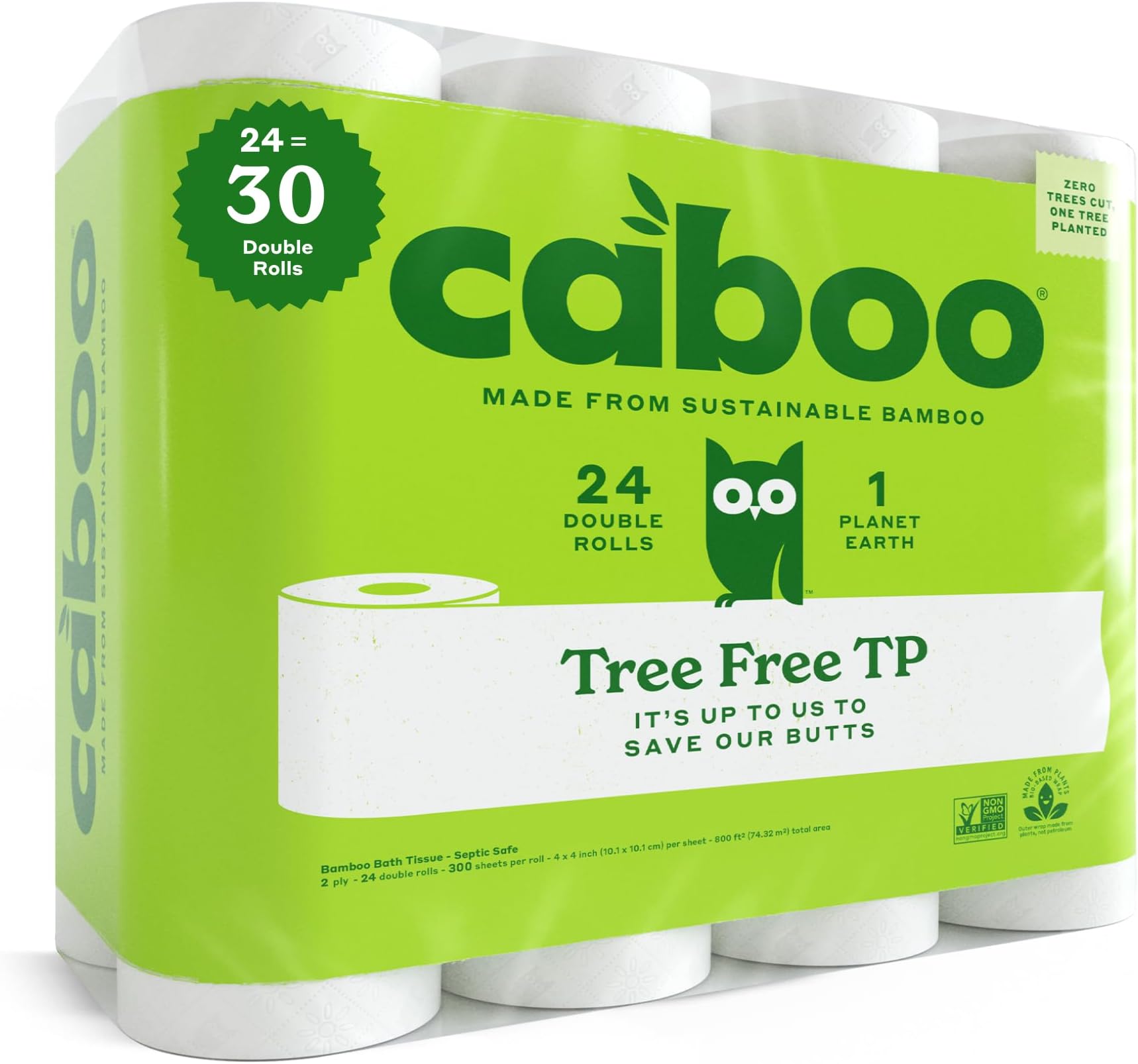 Bamboo Bath Tissue by Caboo | All Natural Toliet Paper | 300 Sheet Double Ply | Organic Bamboo and Sugarcane Pulp Soft Tissue | 24 Roll Pack