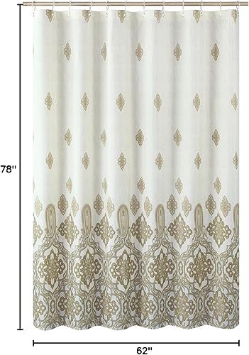 Vista 102 de Cortina de ducha de tela, estampado beige y tostado, cortinas de ducha con patrón de damasco bohemio de cachemira para baño, cortinas de baño Hudson