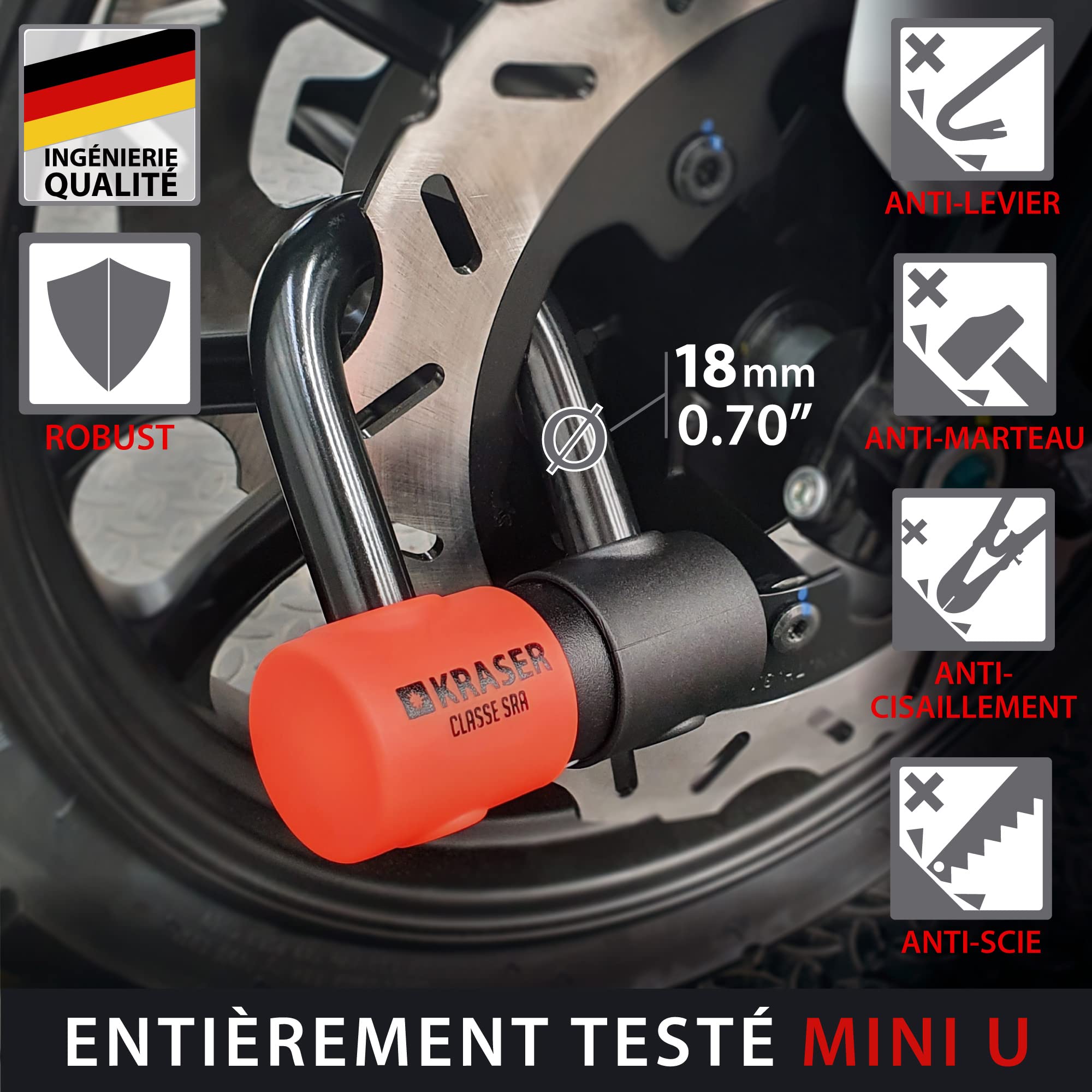 KRASER KR50+120L Antivol Moto Bloque Disque Homologué SRA | Robust Mini U Ø18 Acier Cémenté Double Verrouillage + Chaine Ø10 Haute Sécurité, Multifonctionnelle Moto Velo Parking Garage, 120cm Lasso