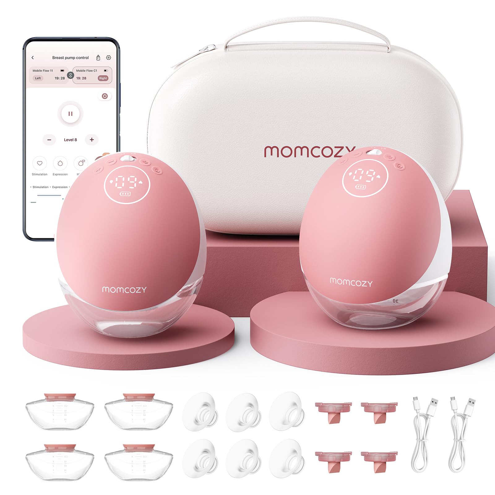 Momcozy Wearable Breast Pump, Hands Free Upgraded Mobile Flow | M9, App Discreet Control with Personalized Multi-Modes & 15 Levels, Wearable Breast Pump 24mm, 2 Pack Cozy Red
