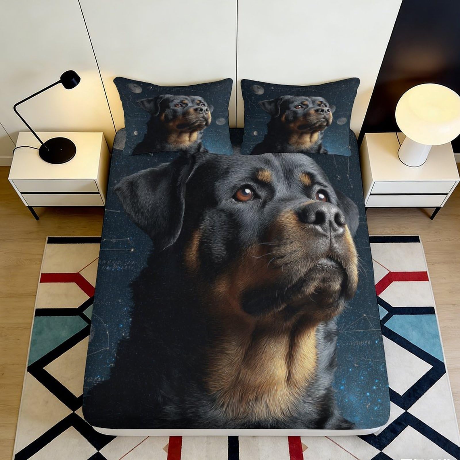 3D Printed Rottweiler Dog Fitted Sheet Microfiber Soft Breathable Space Night Mattress Cover for Bedroom Dormitory Guest Room Mattress Protection Decor 200x200x25cm