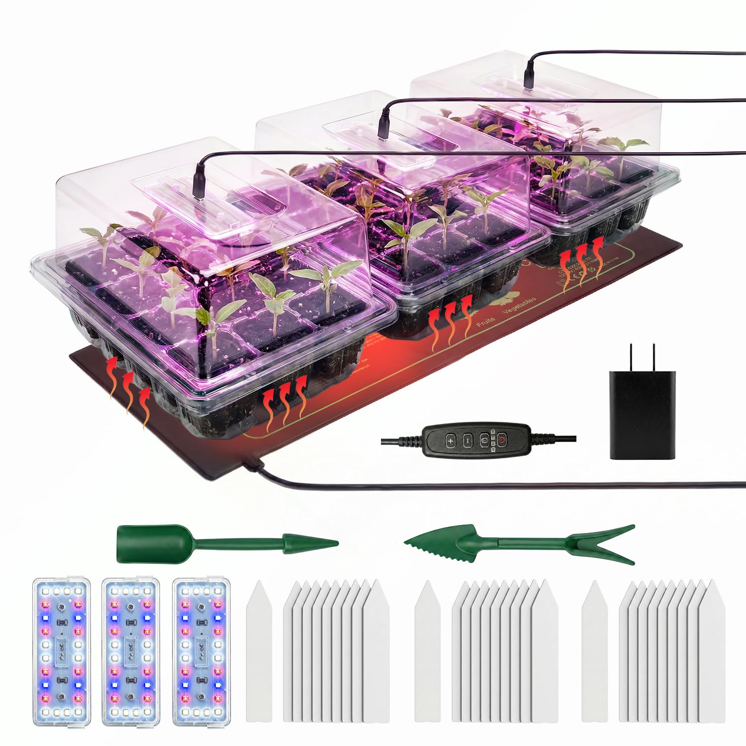 Bandeja de inicio de semillas, paquete de 3 con alfombrilla de calefacción y 24 luces LED de espectro completo, temporizador de ciclo automático, cubierta de ventilación de cúpula de humedad, agujeros