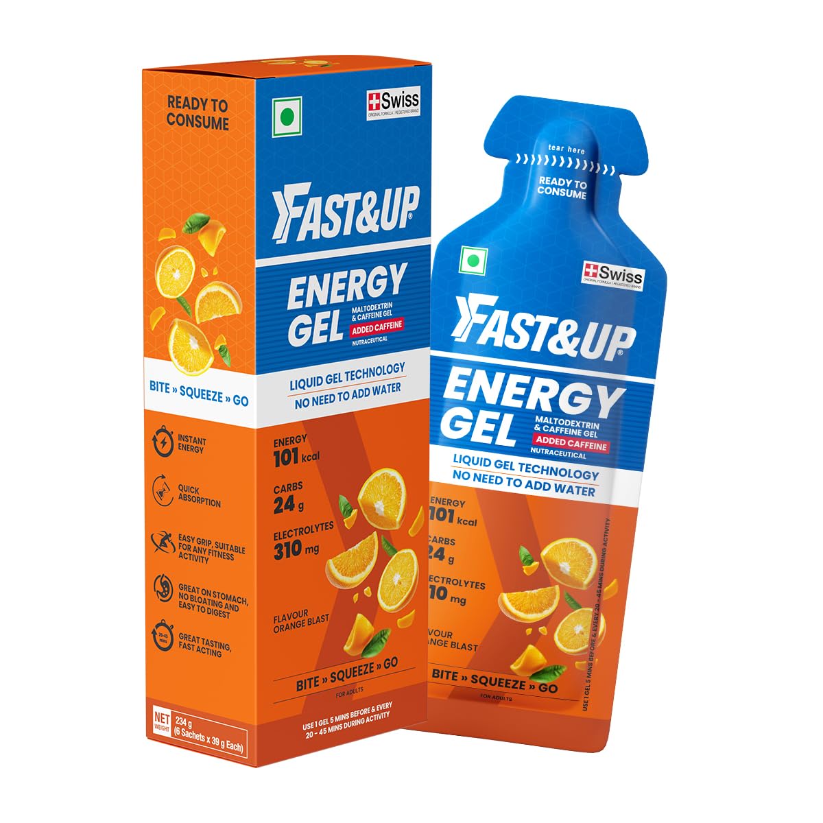 Fast&Up Energy Gel- Orange Blast flavour (Caffeinated) - Pack of 6 Gel Sachets, 39g per sachet- For Instant energy boost, Improved endurance and performance-image-43