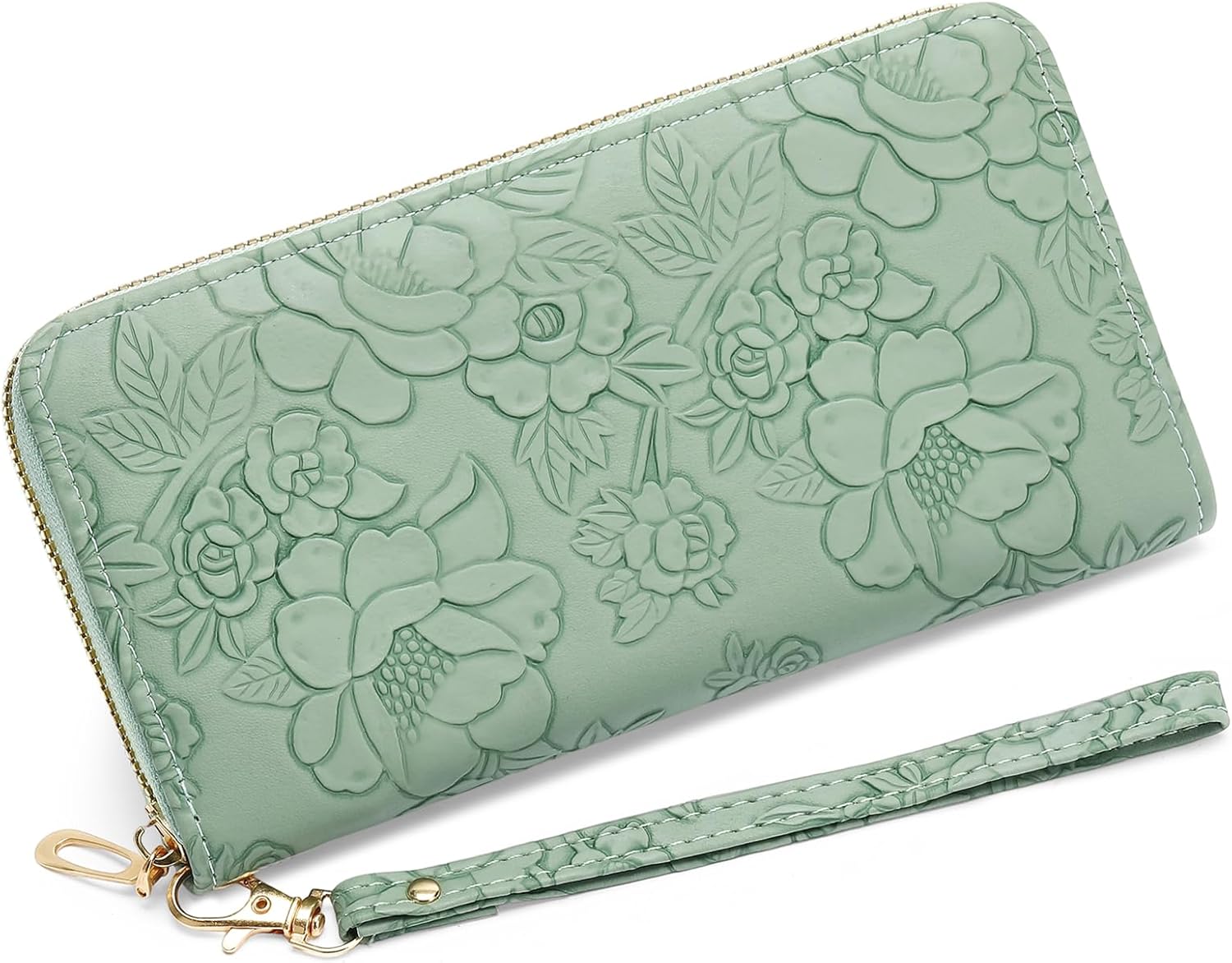 Wallet Women Clutch Leather Wristlet Wallet Fashion Embossed RFID Blocking Credit Card Holder with Strap