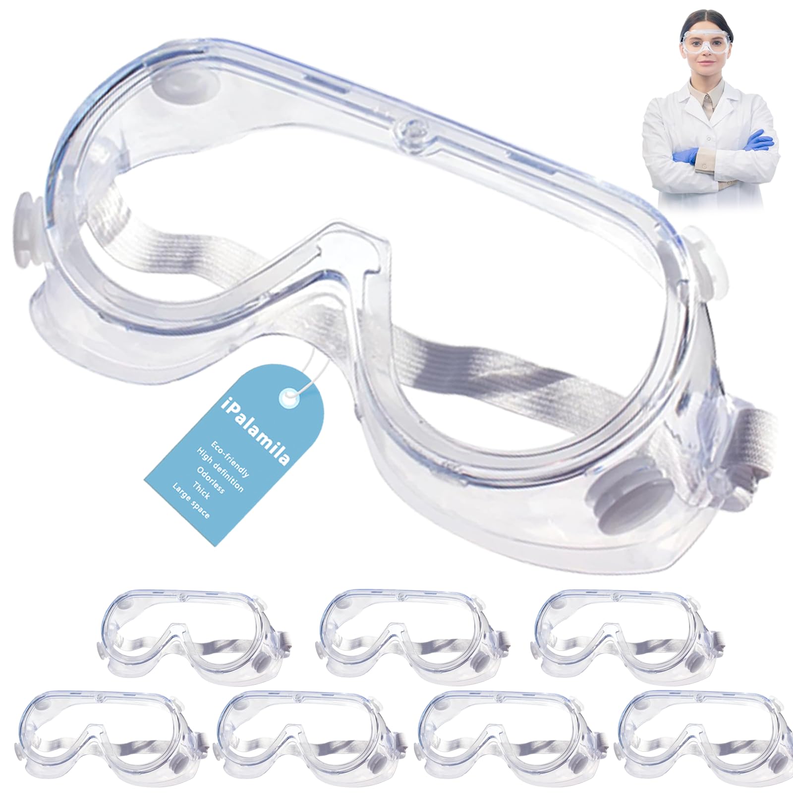 iPalamila 8 gafas de seguridad, protección antivaho, gafas de seguridad ajustables transparentes para adultos, gafas de seguridad, antisalpicaduras químicas, azul transparente