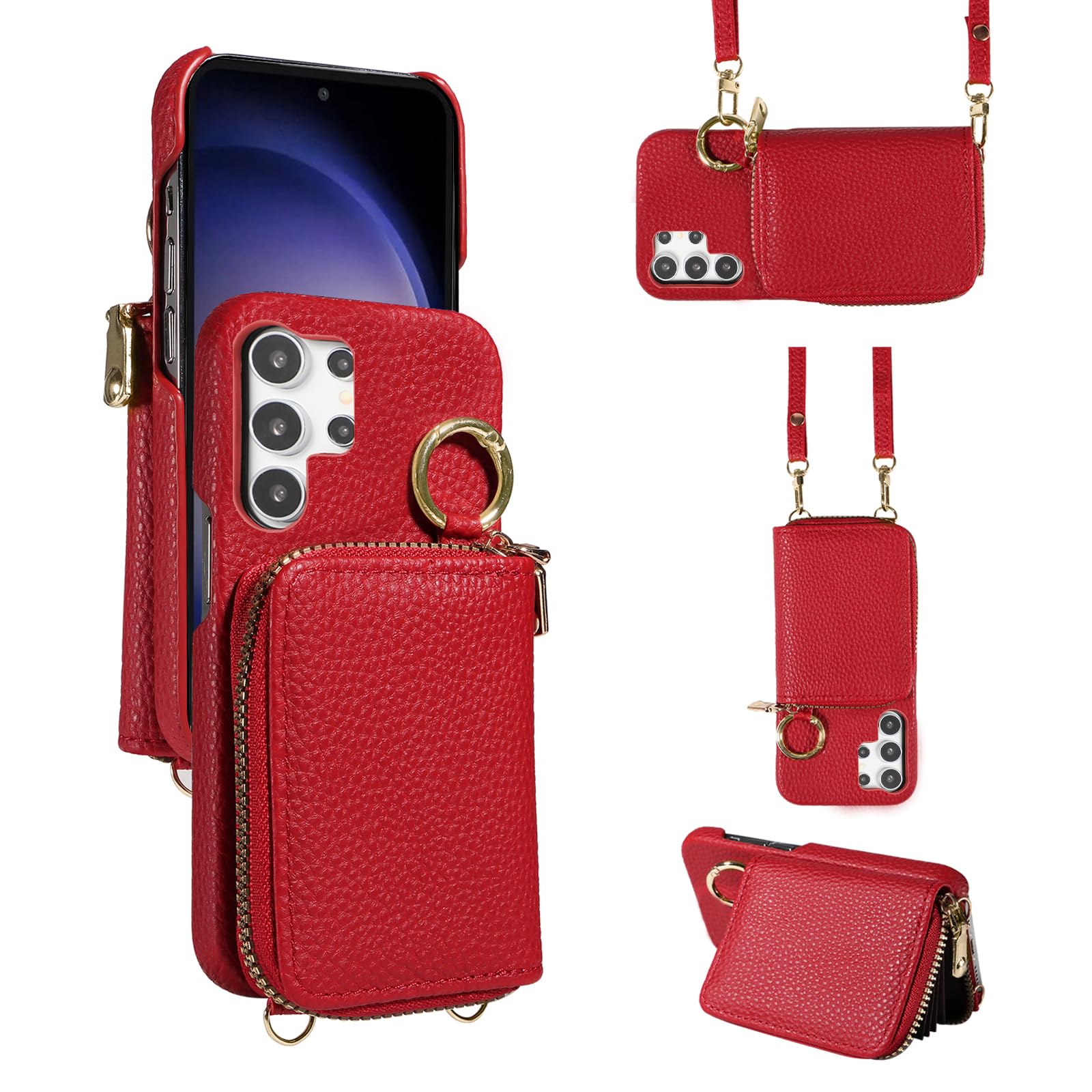 Furiet Wallet Case for Samsung Galaxy S24 Ultra 5G with Shoulder Strap Ring Buckle, Luxury PU Leather Zipper Flip Organ Purse, Card Holder Stand Cell Phone Cover for S24Ultra 24S S 24 24Ultra Red