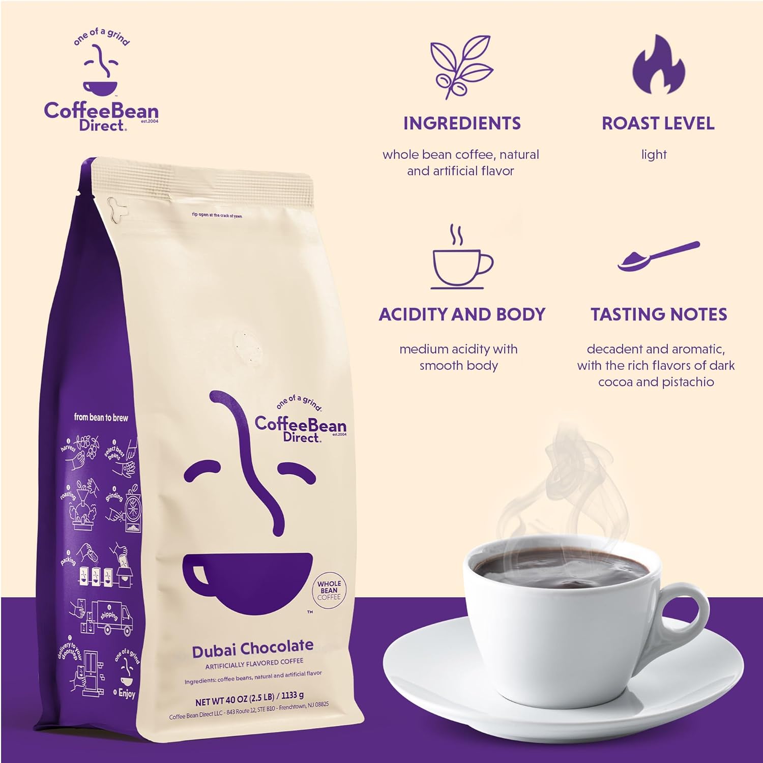 Coffee Bean Direct Dubai Chocolate Flavored, Whole Bean Coffee, 2.5 Pound Bag (Pack of 1)