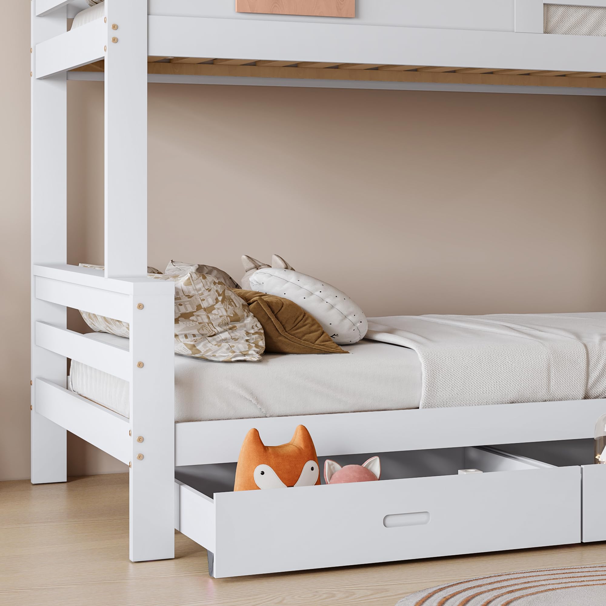 Moimhear Etagenbett mit charakteristischen Fenstern und vierstufiger Kipptreppe, Kinder und Mutterbett mit mit Rutsche, mit Zwei Schubladen, Bettrahmen aus Massivholz, Weiß, 90x200 & 120x200cm