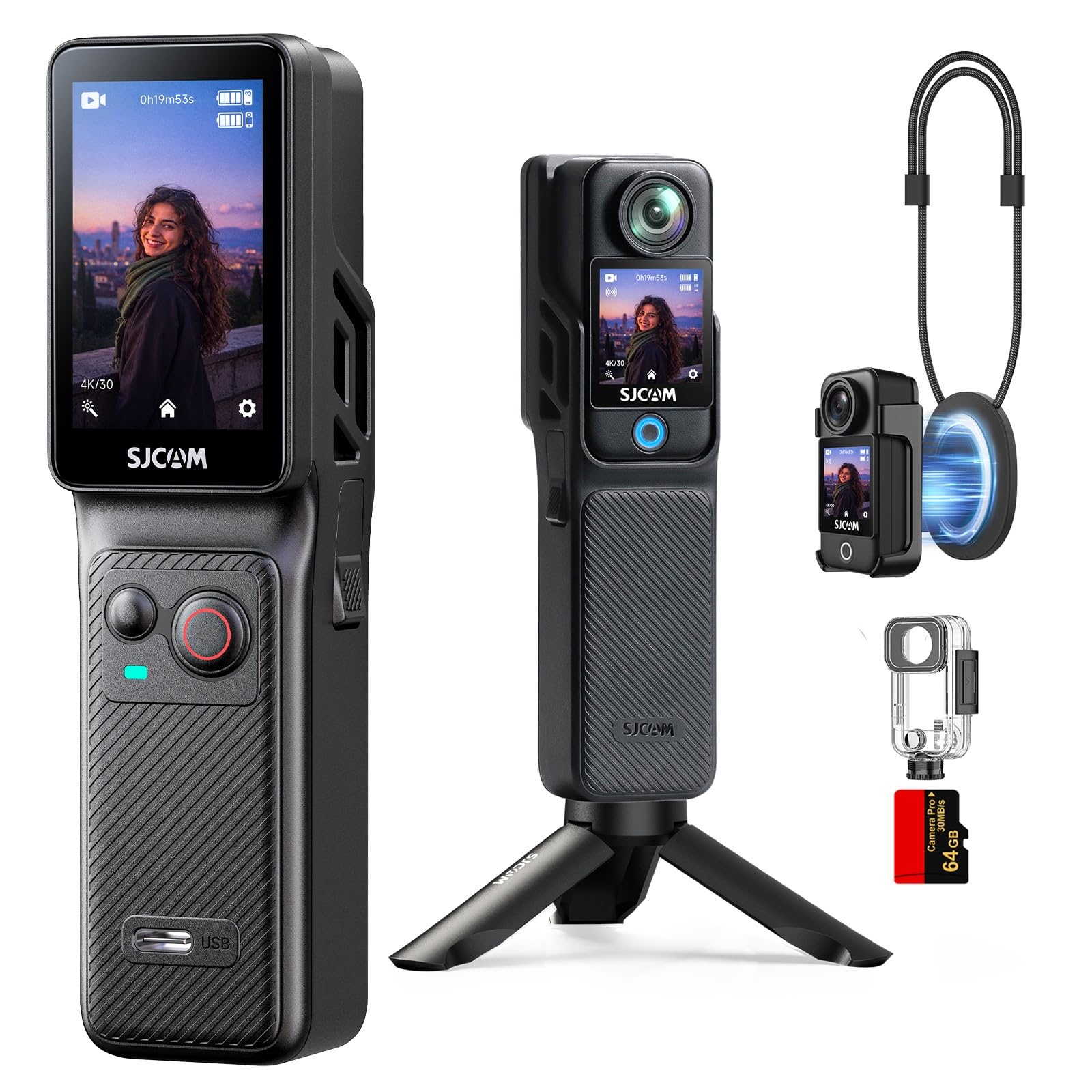 SJCAM C400 Kit Vlog(64GB) 437Min, Vlog Camera 4K 2-in-1 Rimovibile, Nero | Touchscreen rotante 2.29", action cam 4K, stabilizzazione 6-assi, impermeabile 30m, WiFi 5G, per viaggi, sport e live