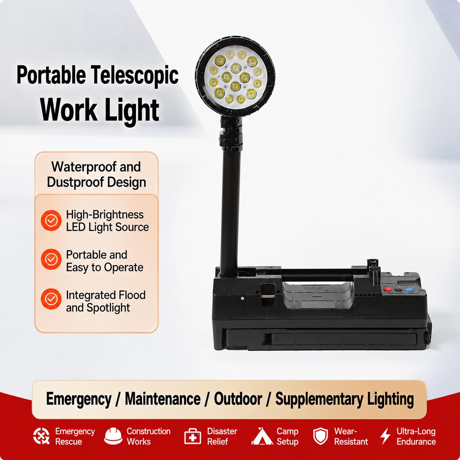 Faro da Lavoro Senza Fili con Sollevamento, Faro da Lavoro Ricaricabile da 4500 Lumen, Integrazione Faretto E Luce Diffusa, Altezza Illuminazione Regolabile da 70 A 280 Cm, 2 modalità Trasporto