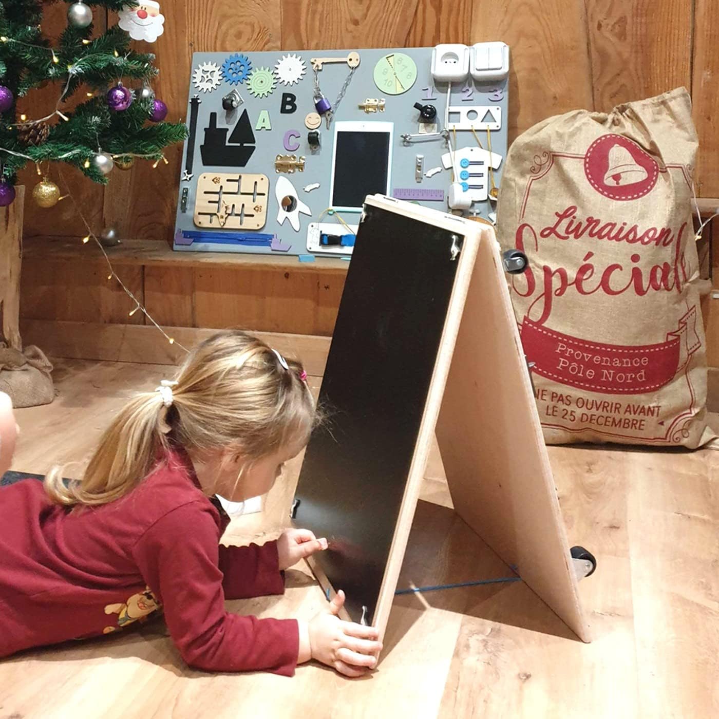 Leo Montessori Busy Board Sensory Activity Board Freestanding Wood Double Sided Natural Firm 50cm