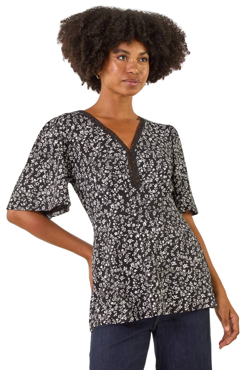 Roman - Women's V-Neck Top - Floral Print Lace - Black - Size 12
