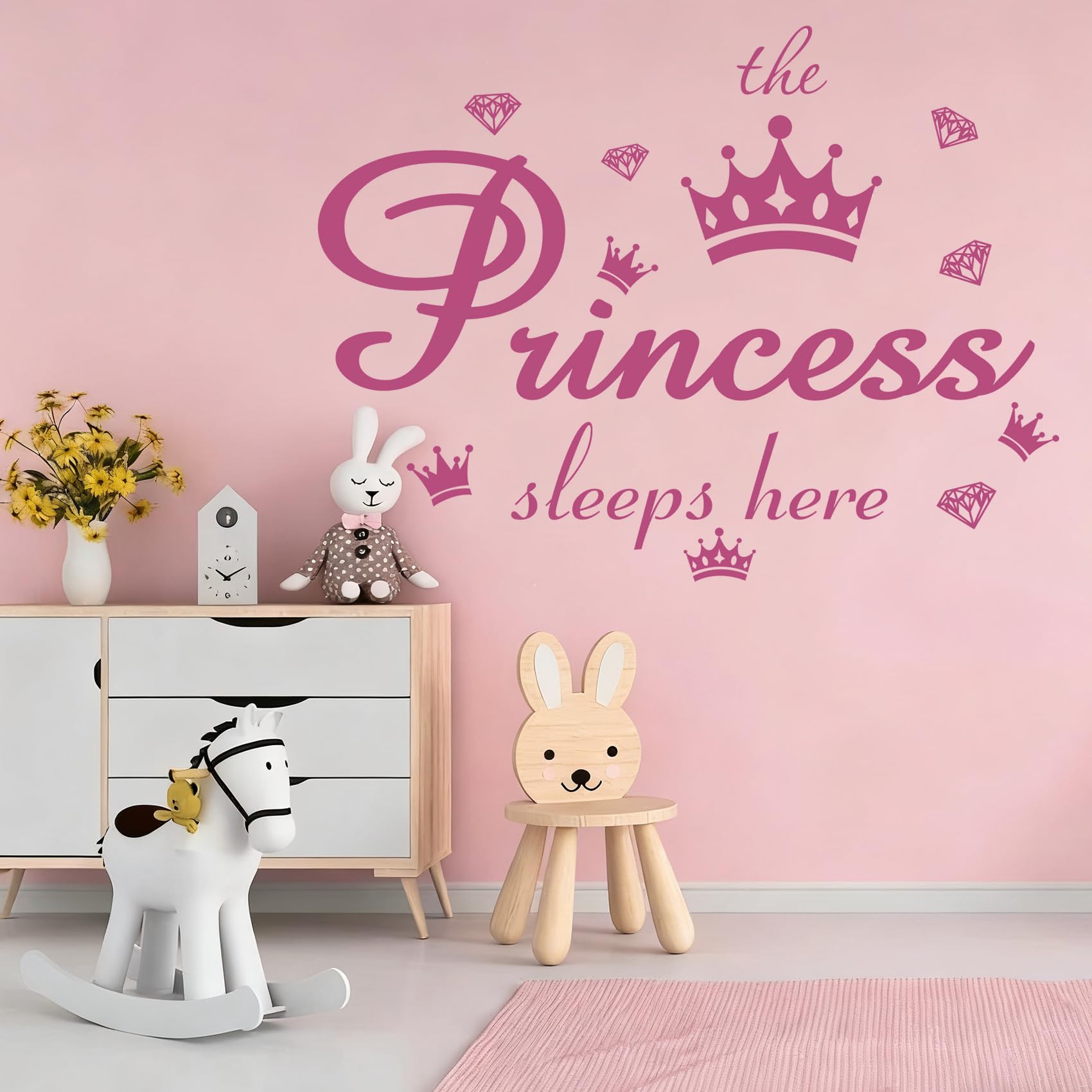 Qhntxqd Girls Pink Princess Crown Wall Decal Vinyl Stickers Quote The Princess Sleeps Here Wall Decor Diy Art Words Wallpaper For Kids Bedroom Living Room Nursery Birthday Party Decoration