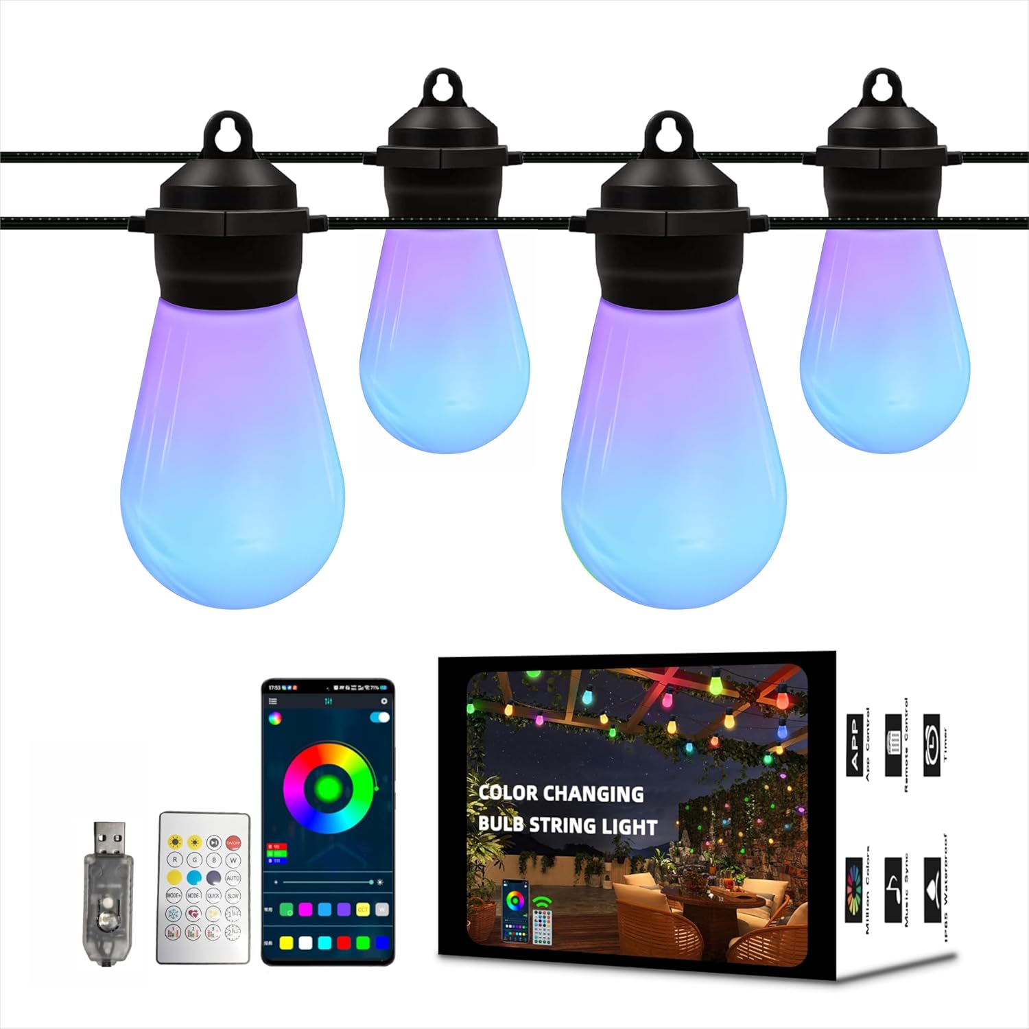 Honche Outdoor String Lights S14, 46FT Patio Lights with 20 Shatterproof LED Bulbs, APP & Remote Control, 213 Scene Modes, USB Powered, IP67 Waterproof for Garden, Wedding, Party, Camping