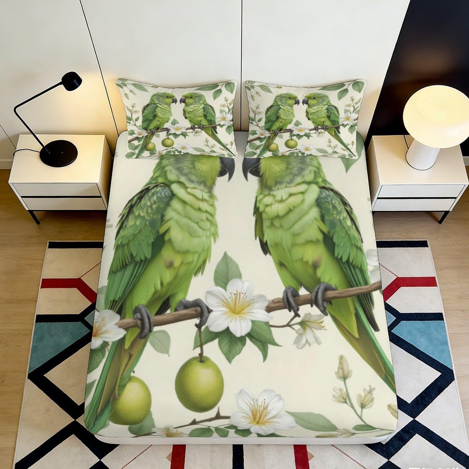 3D Printed Parrot Pattern Deep Pocket Fitted Sheet Microfiber Bedding Non-Slip Parrot Mattress Fitted Cover Washable 200x200x25cm