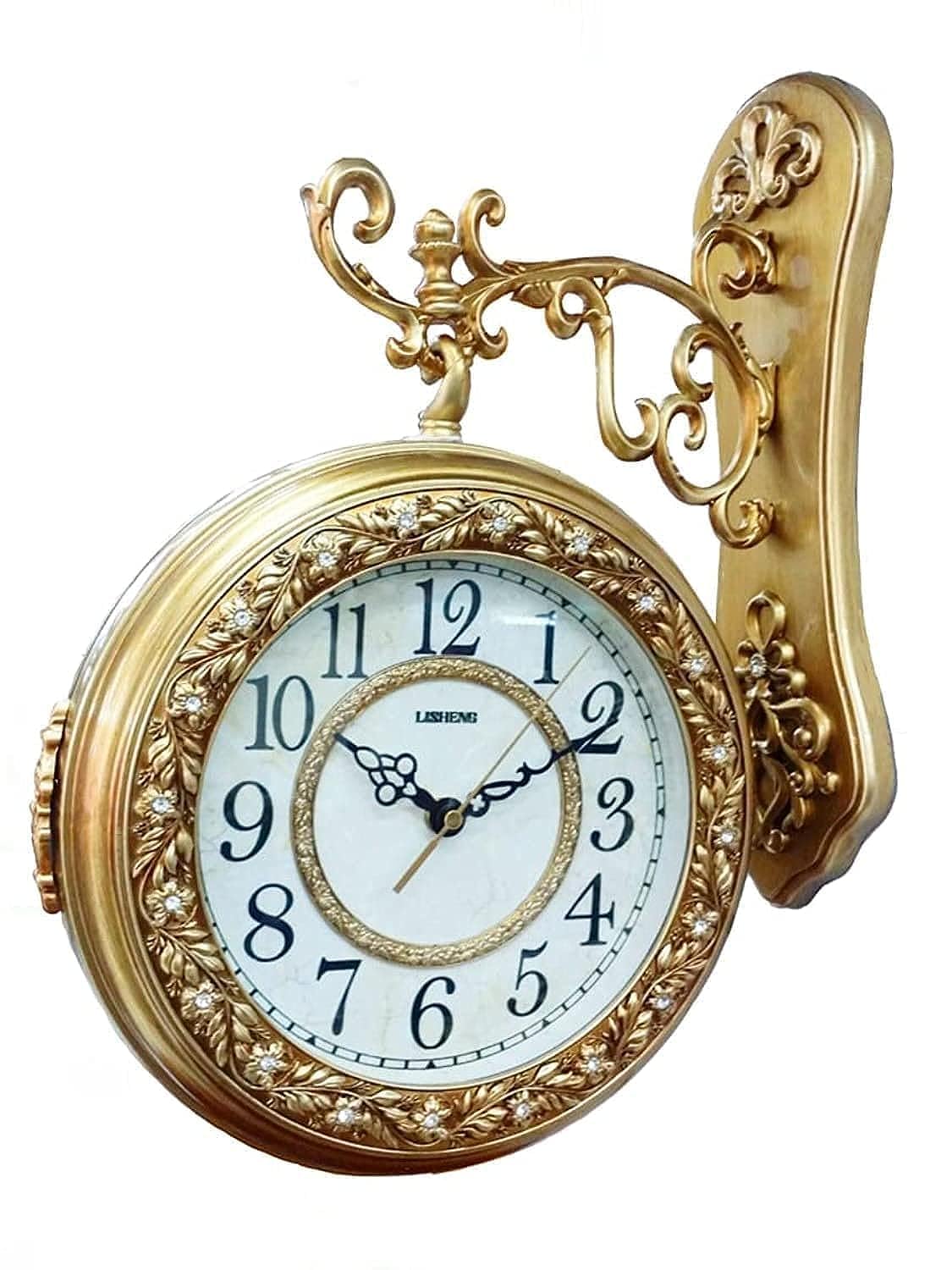 Antique-Round Wall Hanging Double Sided Two Faces Retro Clock Round Wall Hanging Clock with Scroll Wall Side Mount (STYLE 3)