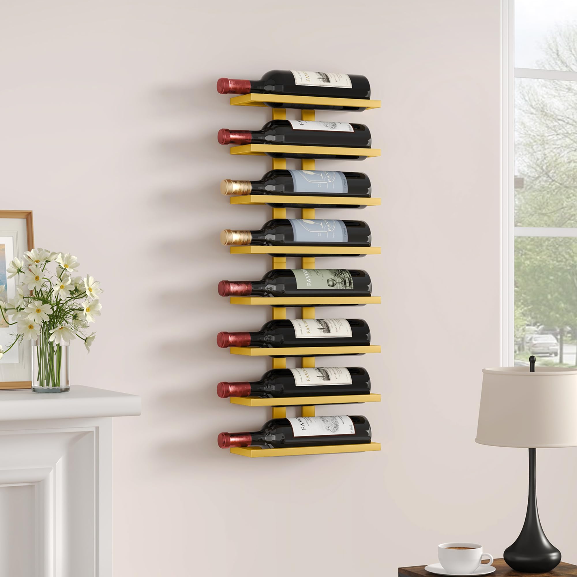 Voor Eetkamer Wijnkelder FAVOOSTY Wijnrek Aan De Muur – 8-lags Metalen Flessenrek, Zwart, Ruimtebesparend Voor Eetkamer, Wijnkelder Voor Wijnflessen Verschillende Formaten