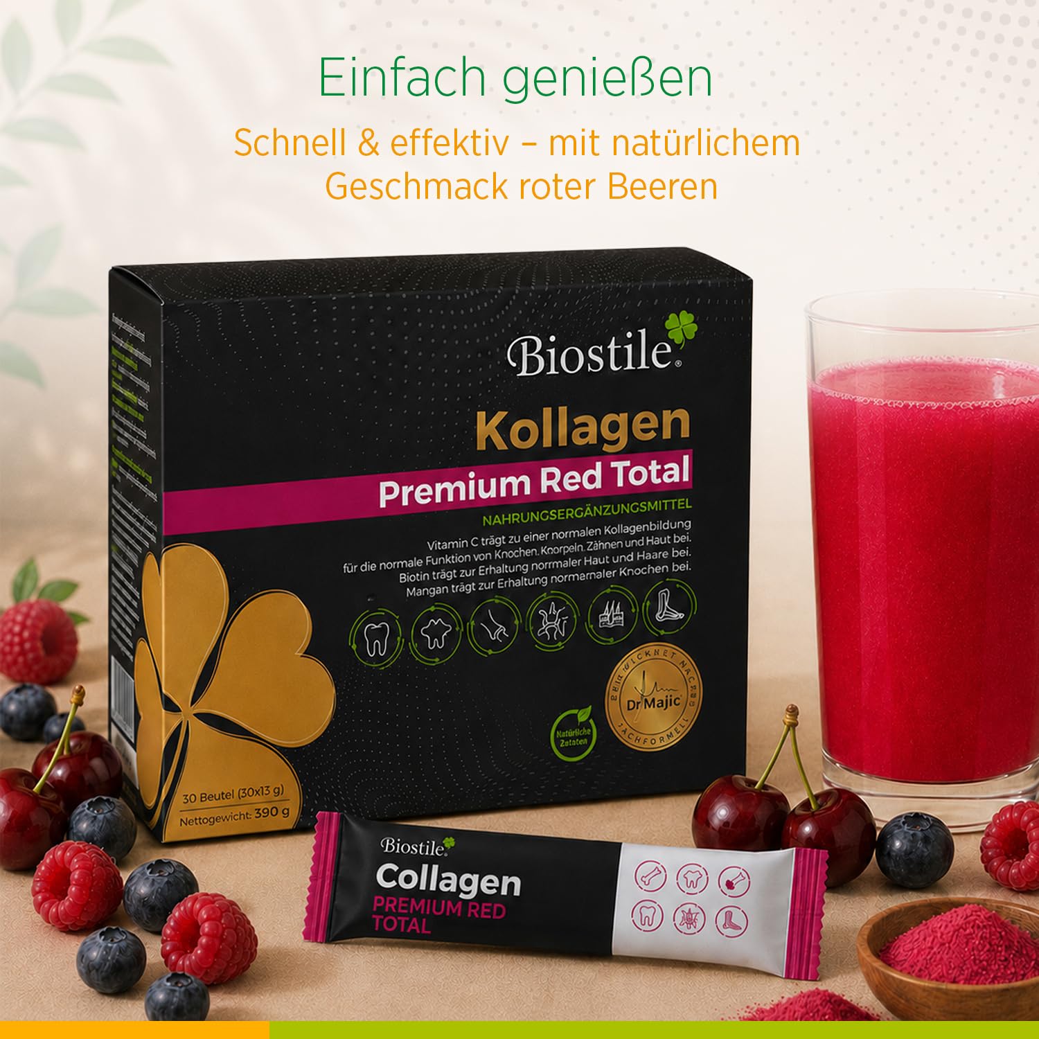 Collagen Premium Red Total – 30 Beutel mit 8600 mg hydrolysiertem Kollagen, Vitamin C, Curcumin, Shilajit, Zink, Kupfer, Biotin, Mangan und Silizium für Haut, Gelenke und Knochen