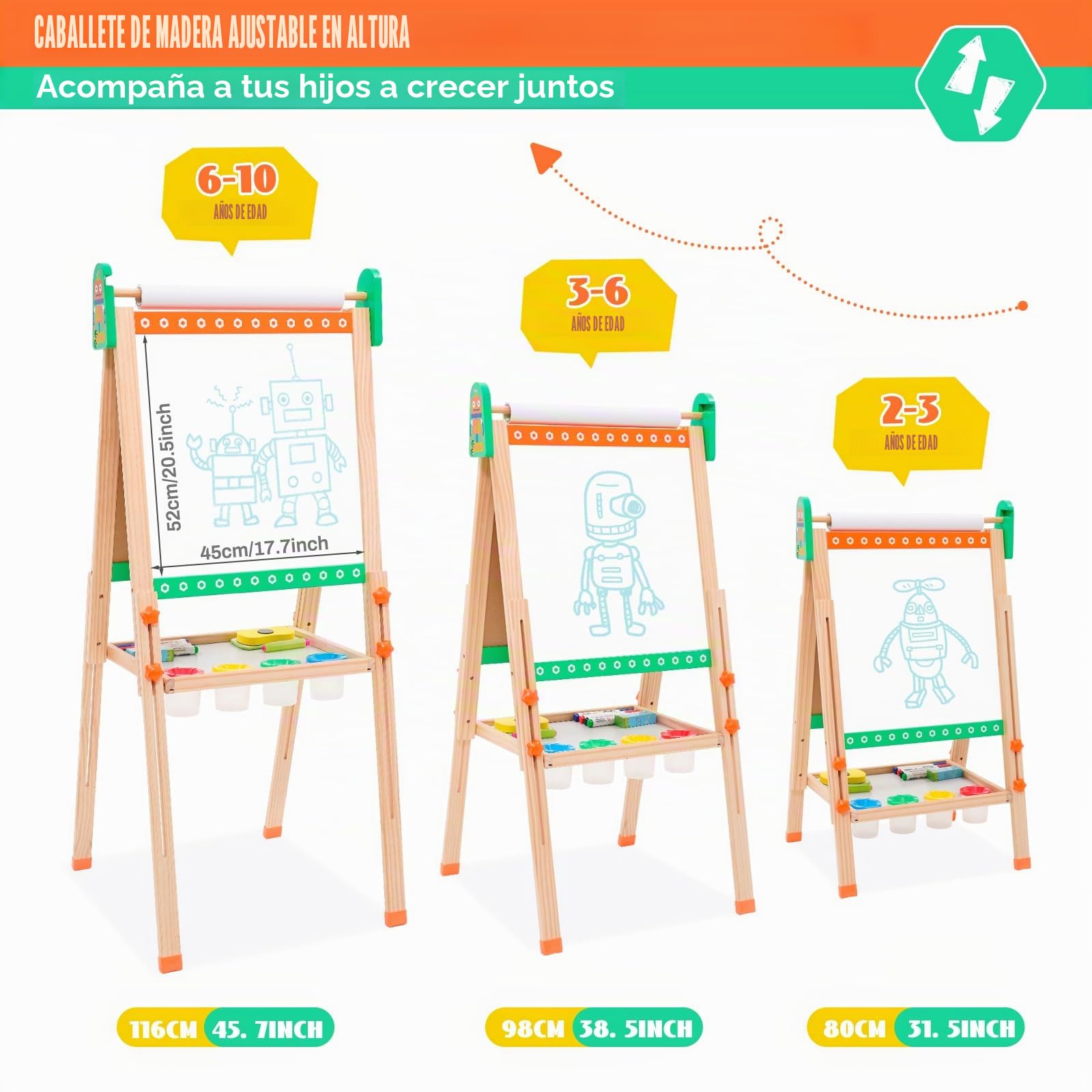 Pizarra Infantil Caballete para Niños Diseño de lazo Pizarra Blanca y Altura Ajustable Tablero de Dibujo de Doble Cara para Niños (Verde)