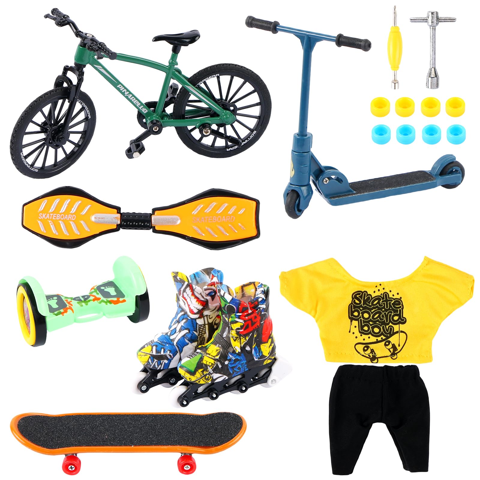 LALASTYLE Mini Finger Skateboard Set, Mini Finger Bike, Skateboard, Scooter, Vitality Board, Balance bike, Ice skates, Finger Trousers Accessories Party Favors for Skateboarding Enthusiasts